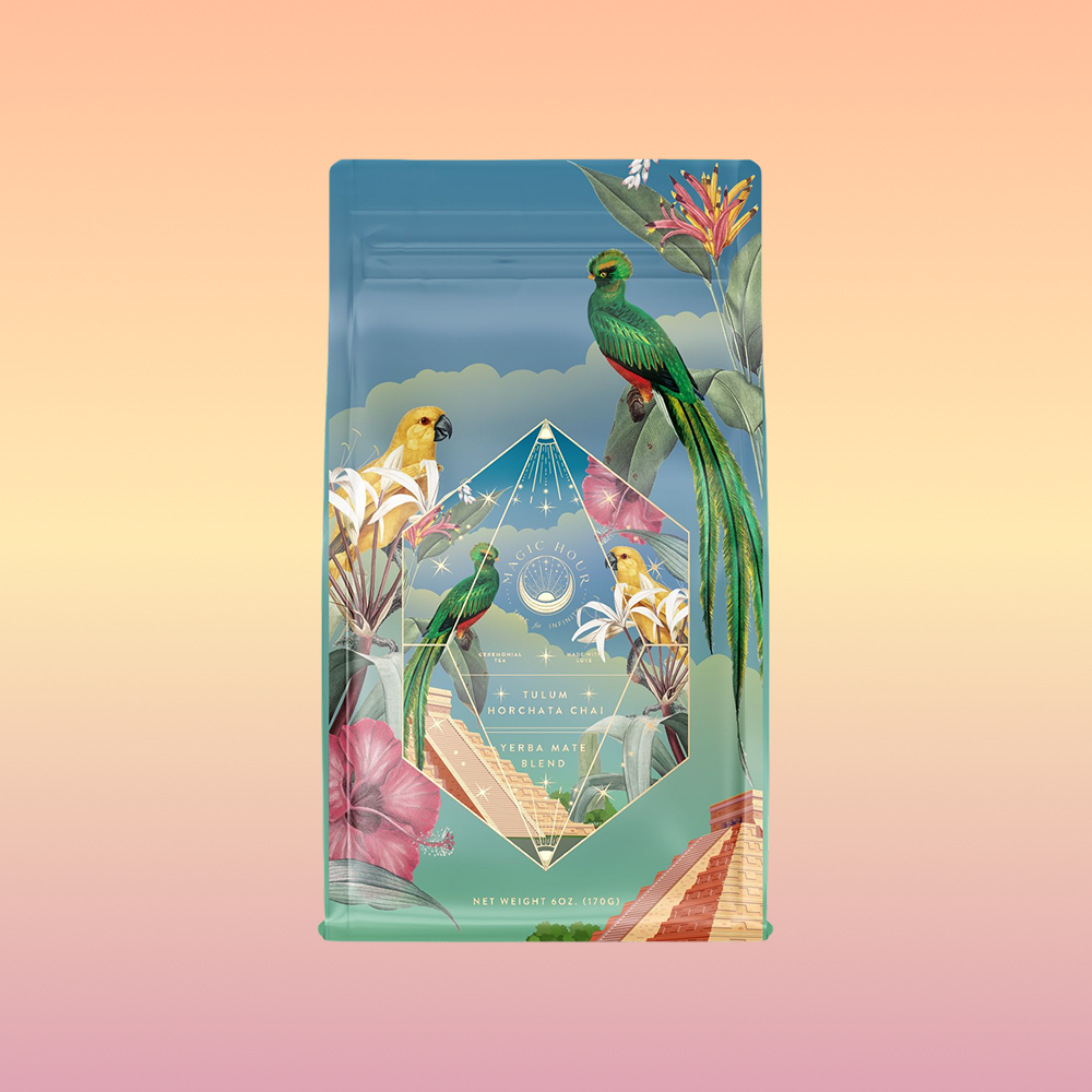A vibrant Tulum Horchata Chai bag adorned with tropical birds, flowers, and geometric designs on a soft gradient, evoking adaptogenic potion vibes and lush yerba mate-inspired greenery for an exotic, energetic feel.