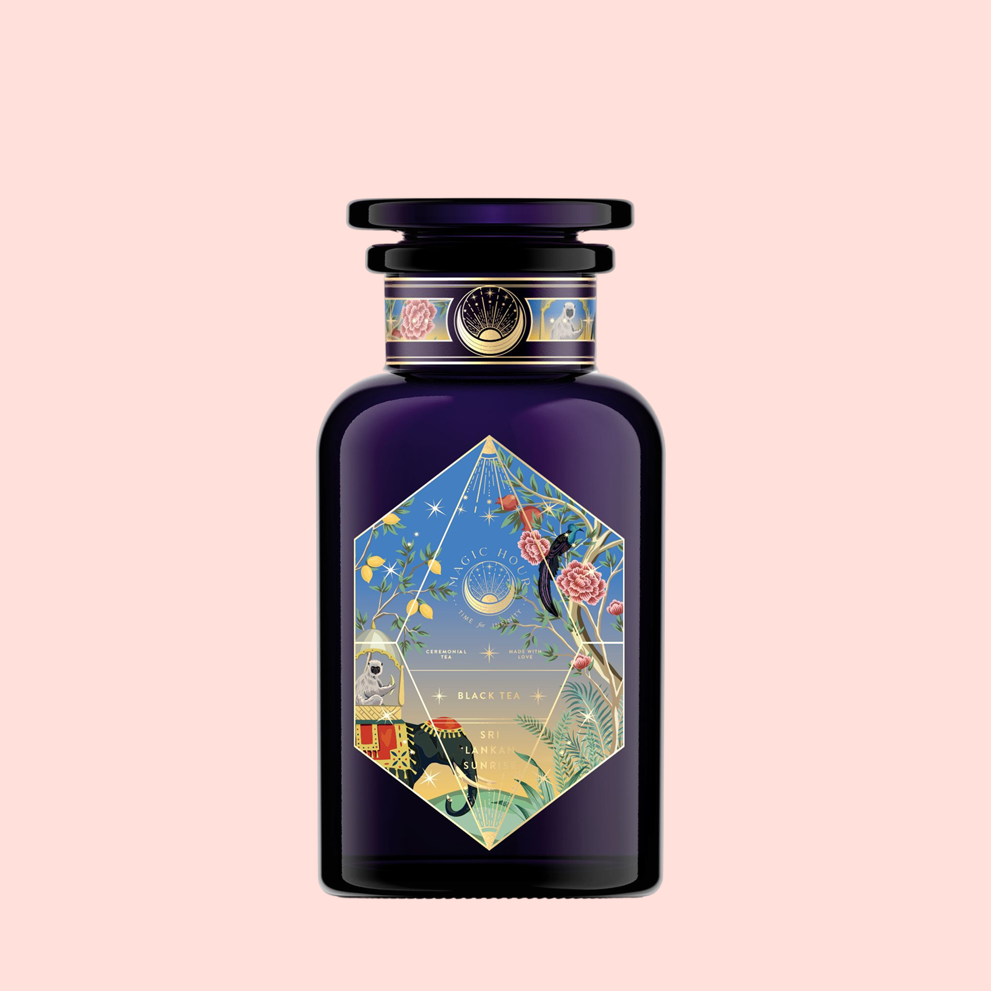 Sri Lankan Sunrise features a dark purple perfume bottle with a colorful geometric label adorned with botanical roses, rose petals, leaves, stars, and a crescent moon on a pale pink background.