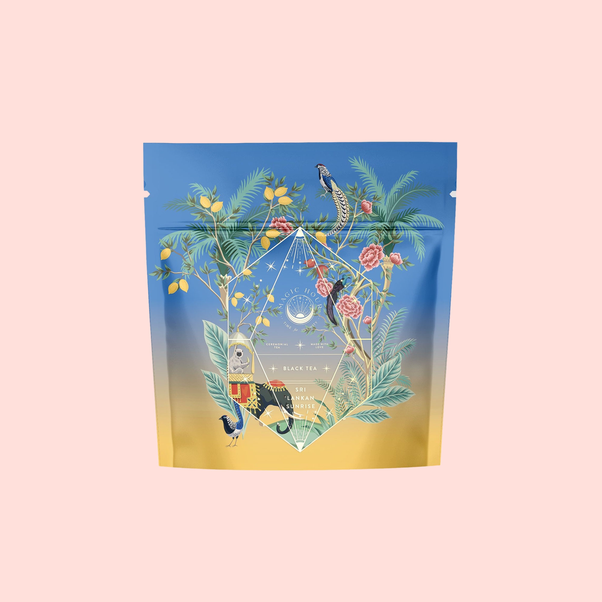 Sri Lankan Sunrise features a vibrant tea package with palm leaves, roses, lemons, and birds on a gradient blue-to-yellow background. It presents organic black tea inspired by Sri Lankan breakfast blends against a pale pink backdrop.