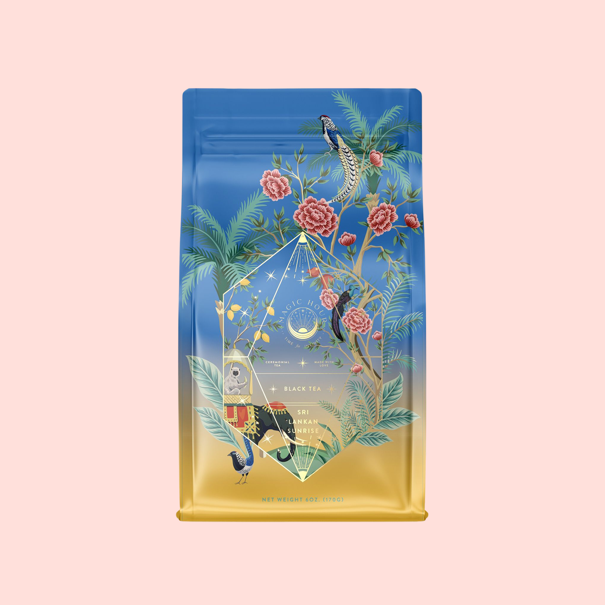A vibrant tea bag with blue and gold gradient packaging, adorned with illustrated flowers, leaves, and birds. The geometric central label reads "Sri Lankan Sunrise," inspired by organic black tea and Ceylon cinnamon.