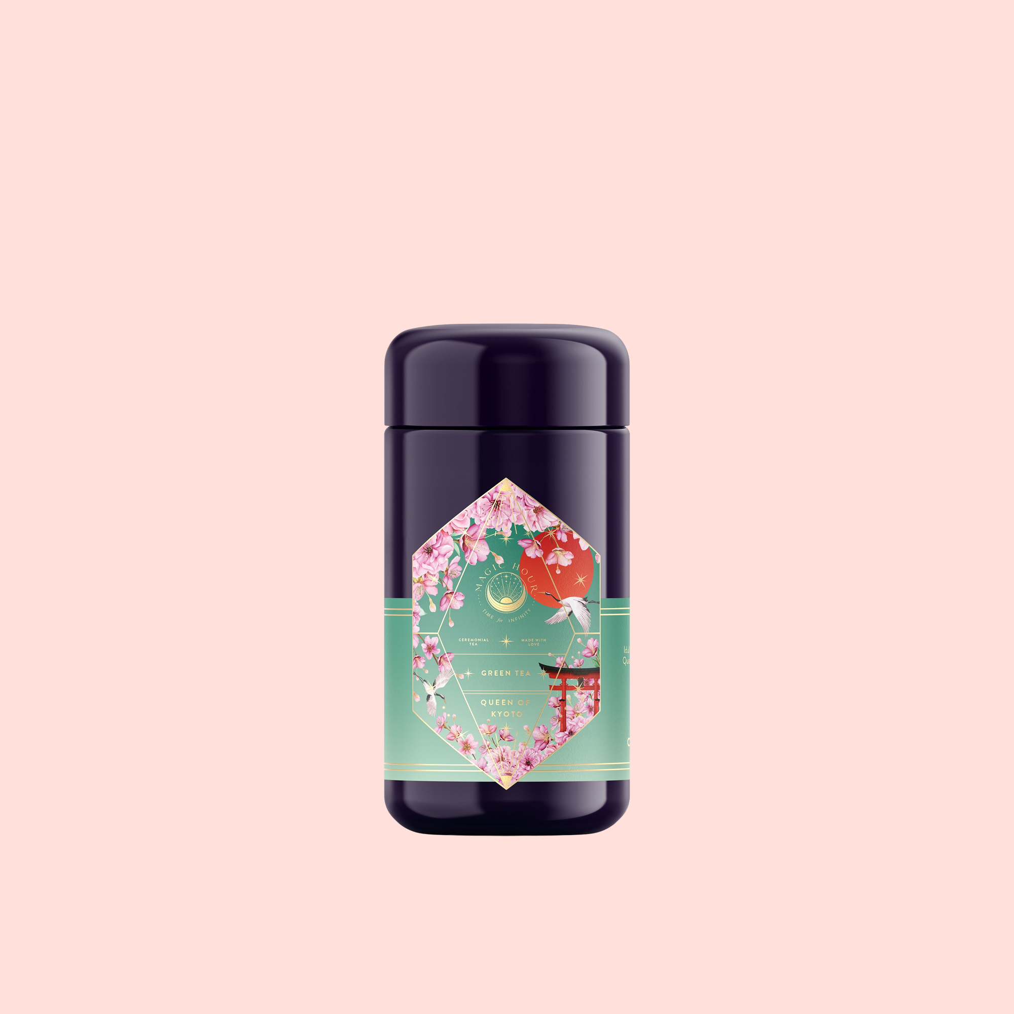Queen of Kyoto is a dark purple cylindrical tea canister featuring a colorful floral and bird label inspired by the Japanese Cherry Blossom Festival, displayed against a pale pink background.