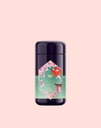 Queen of Kyoto is a dark purple cylindrical tea canister featuring a colorful floral and bird label inspired by the Japanese Cherry Blossom Festival, displayed against a pale pink background.