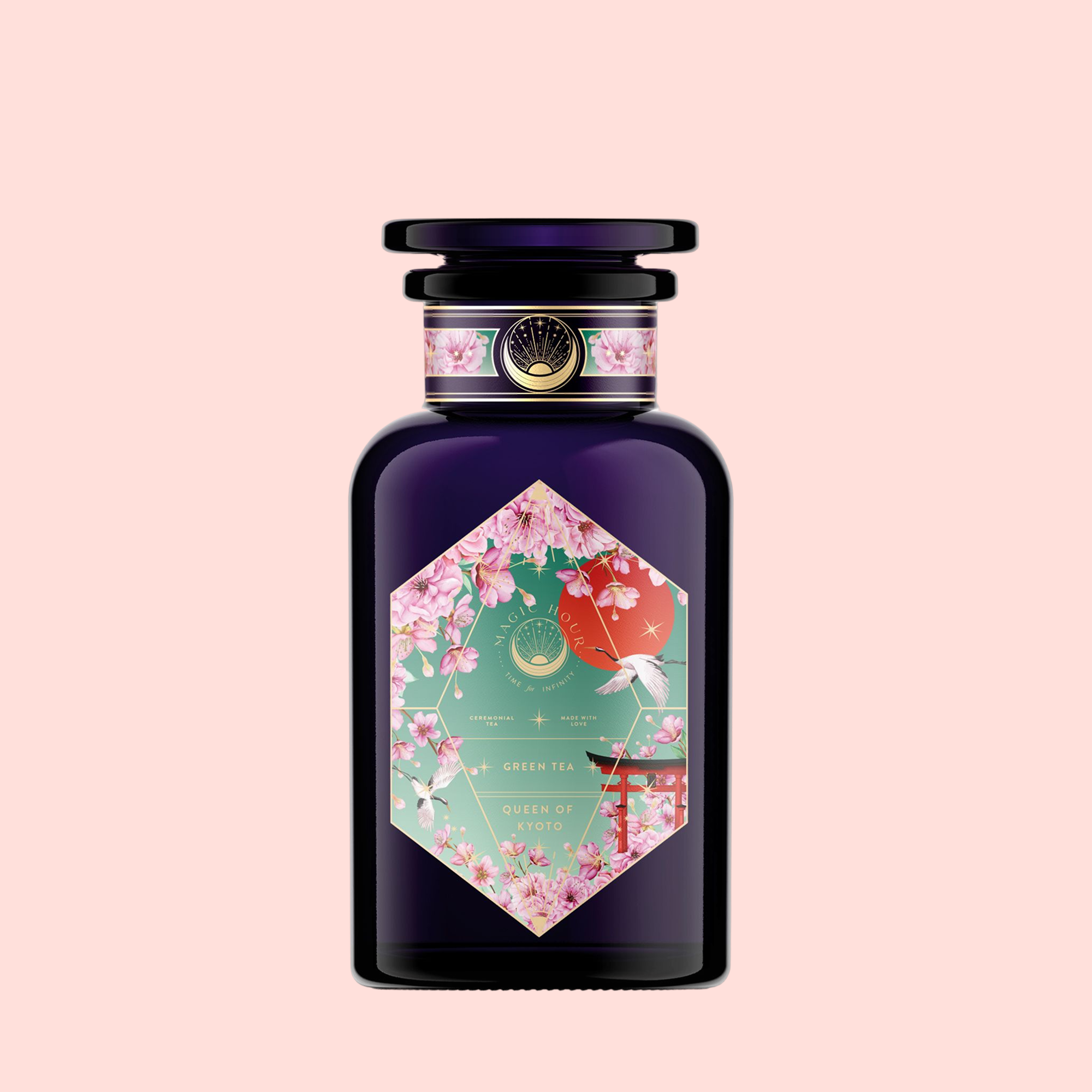 Queen of Kyoto: A dark purple perfume bottle with a hexagonal label featuring cherry blossoms, a white bird, and red and white balloons, inspired by Japan's Cherry Blossom Festival, set on a pastel pink background.