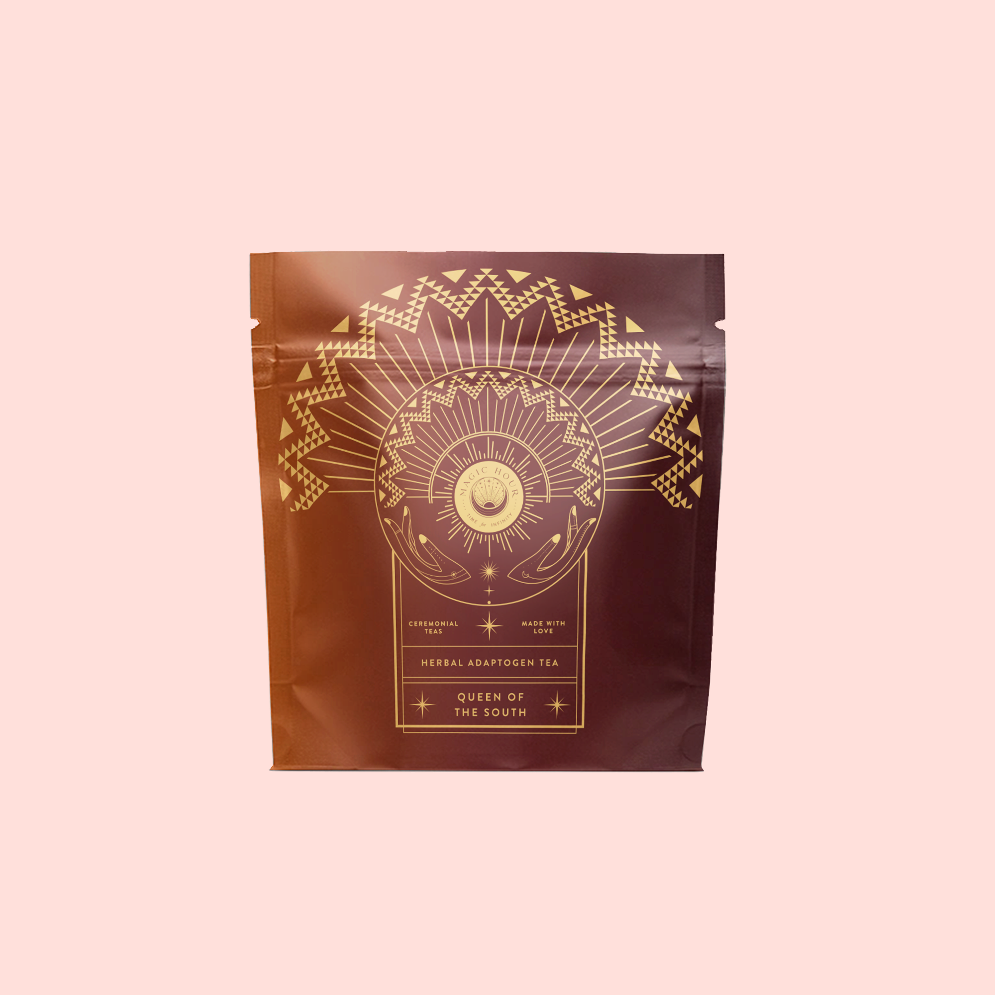 The "Queen of the South Cocoa Detox Tea" comes in a brown pouch with gold geometric sunburst designs and text on a pale pink background, offering an organic, soothing, caffeine-free herbal tea option.