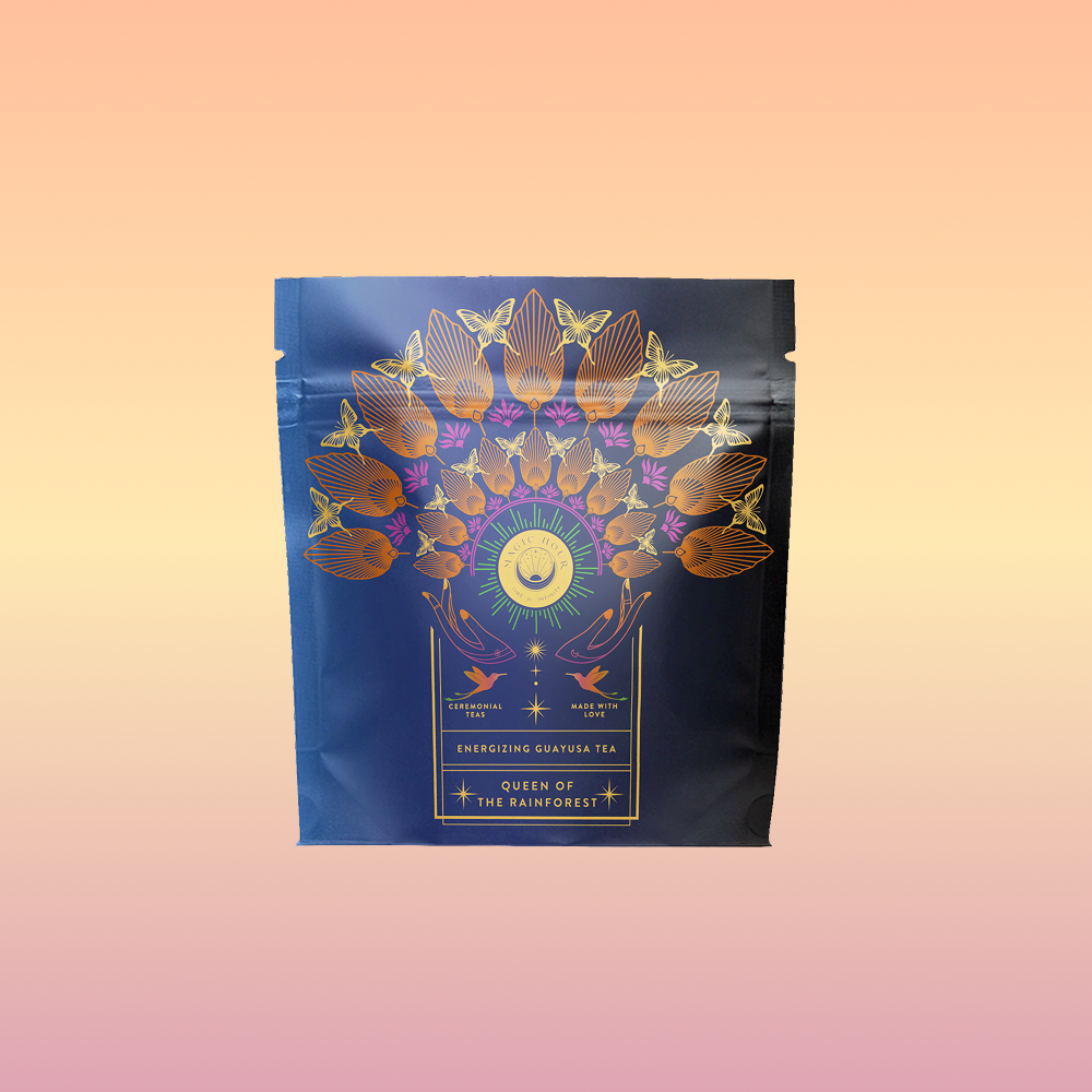 A navy blue tea pouch featuring gold and pink birds, leaves, and a sun design labeled "Queen of the Rainforest: Cacao-Berry Tea," set against a pink-orange gradient—perfect for energizing herbal tea lovers.