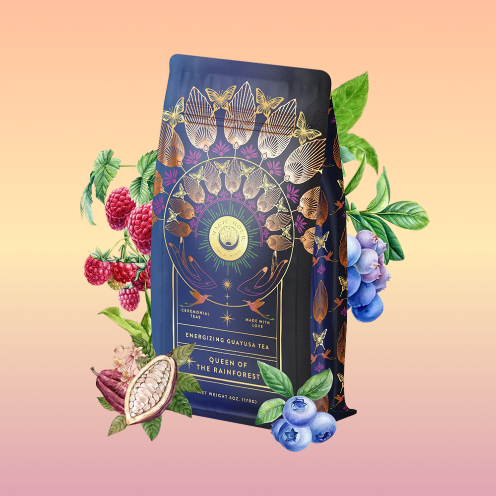 A dark, ornately decorated tea package labeled "Queen of the Rainforest: Cacao-Berry Tea" is surrounded by illustrated fruits, leaves, and blossoms on a pink and yellow gradient background, highlighting this energizing herbal blend.