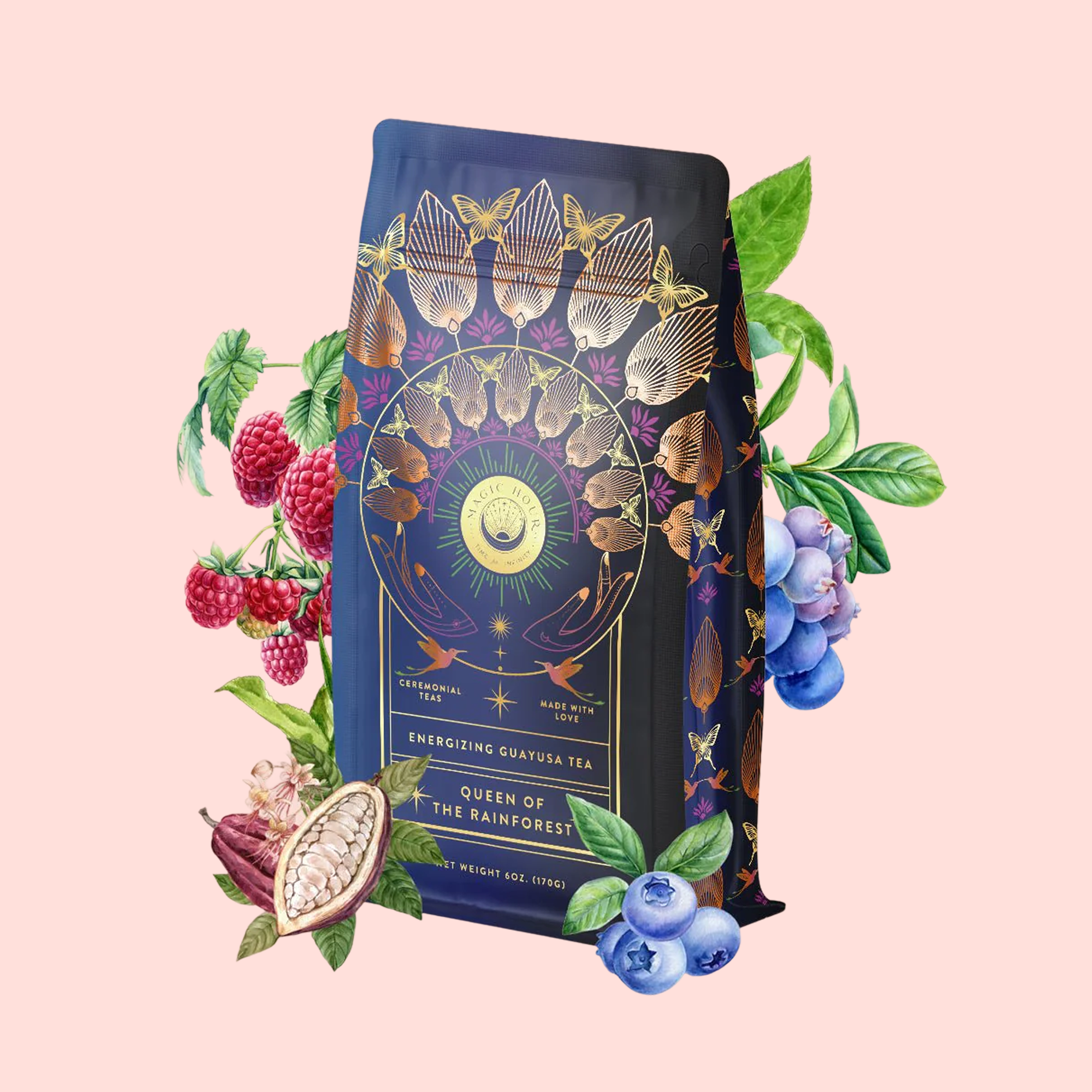 A dark, ornate tea bag labeled "Queen of the Rainforest : Cacao-Berry Tea" is surrounded by vivid raspberries, blueberries, cacao pods, and green leaves on a light pink background—reflecting the richness of this chocolate berry tea.