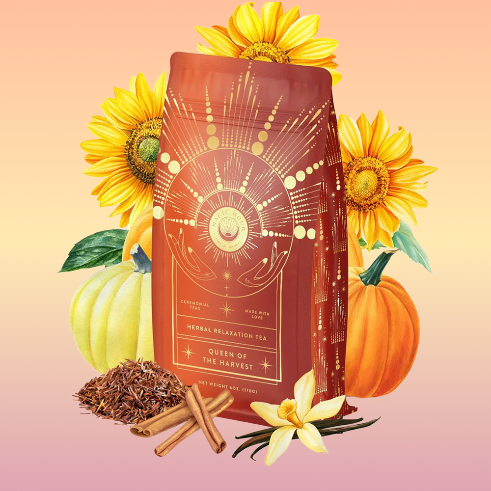 The Queen of the Harvest: Herbal Relaxation Tea is displayed with sunflowers, pumpkins, cinnamon sticks, vanilla flowers, and loose Pumpkin Spice Tea leaves on a soft orange background.