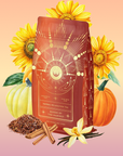 The Queen of the Harvest: Herbal Relaxation Tea is displayed with sunflowers, pumpkins, cinnamon sticks, vanilla flowers, and loose Pumpkin Spice Tea leaves on a soft orange background.