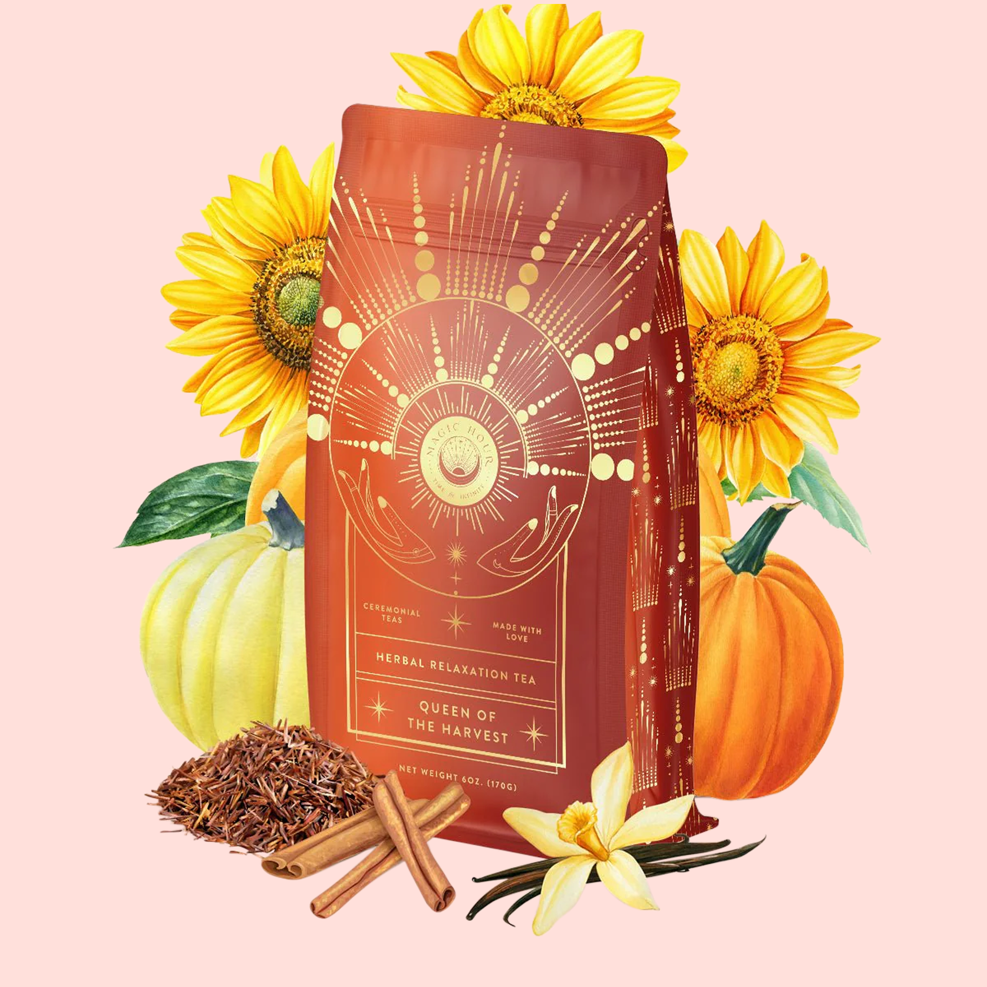 A red package of Queen of the Harvest: Herbal Relaxation Tea sits on a light pink background, surrounded by sunflowers, a white pumpkin, an orange pumpkin, loose tea leaves, cinnamon sticks, and a vanilla flower.