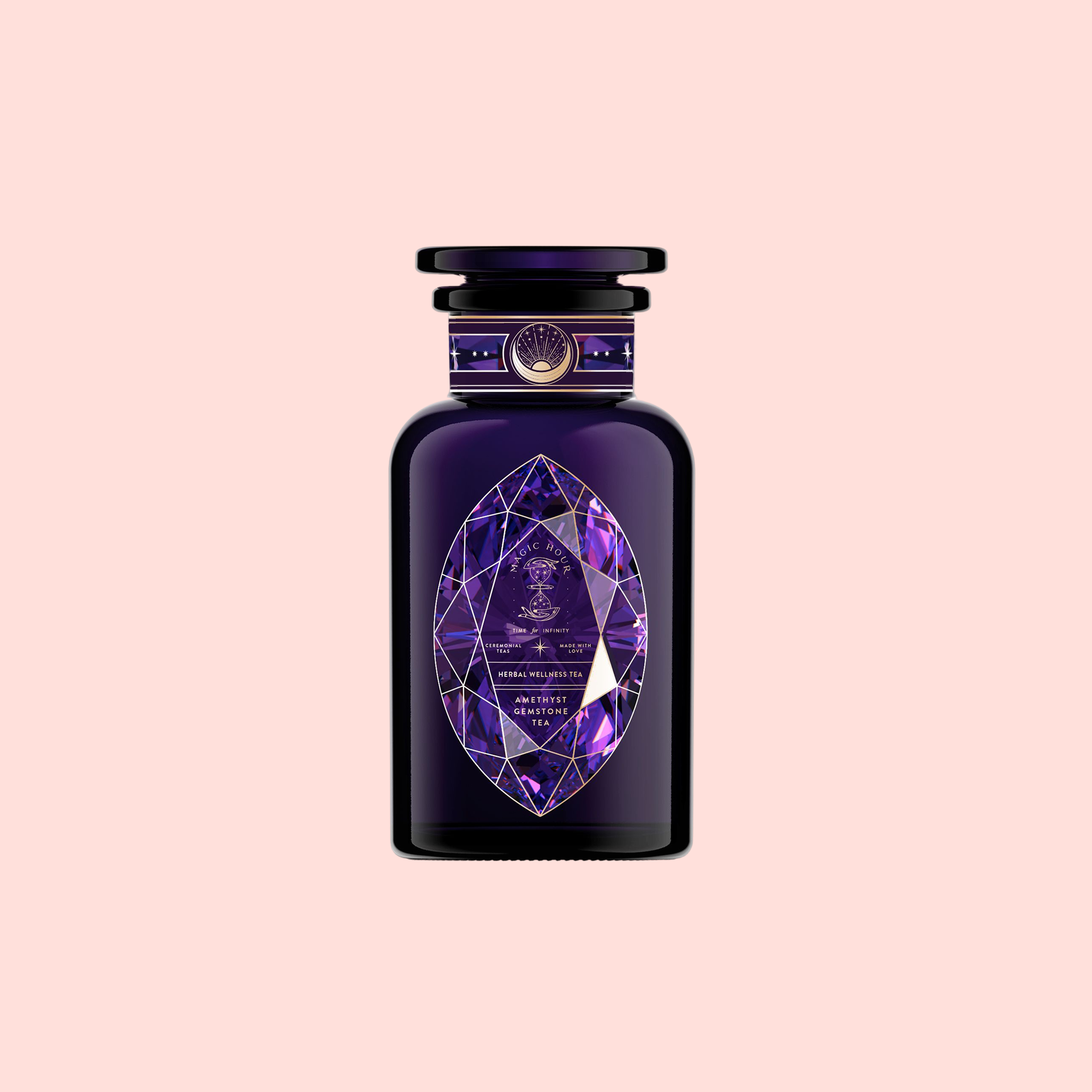 A faceted, gem-like bottle with gold accents, inspired by spiritual wellness, holds Amethyst: Strawberry-Passionfruit Gemstone Wellness Tea and stands out against a pale pink background.