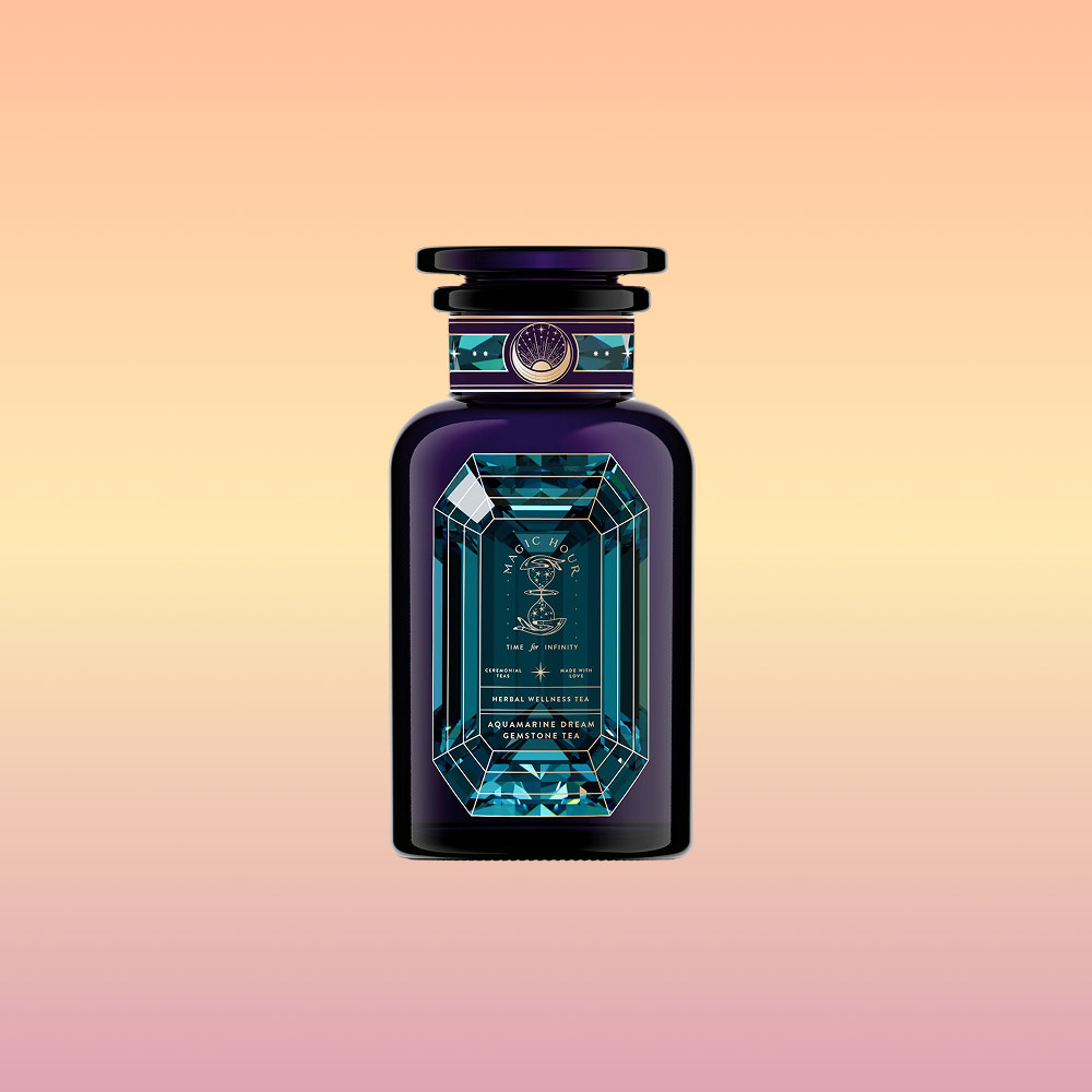A luxurious, dark perfume bottle with geometric blue-green accents and a decorative label displays "Aquamarine Dream - Soothing Herbal Ayurvedic Adrenal Tonic" against a soft peach-yellow gradient, evoking tranquility and restful sleep.