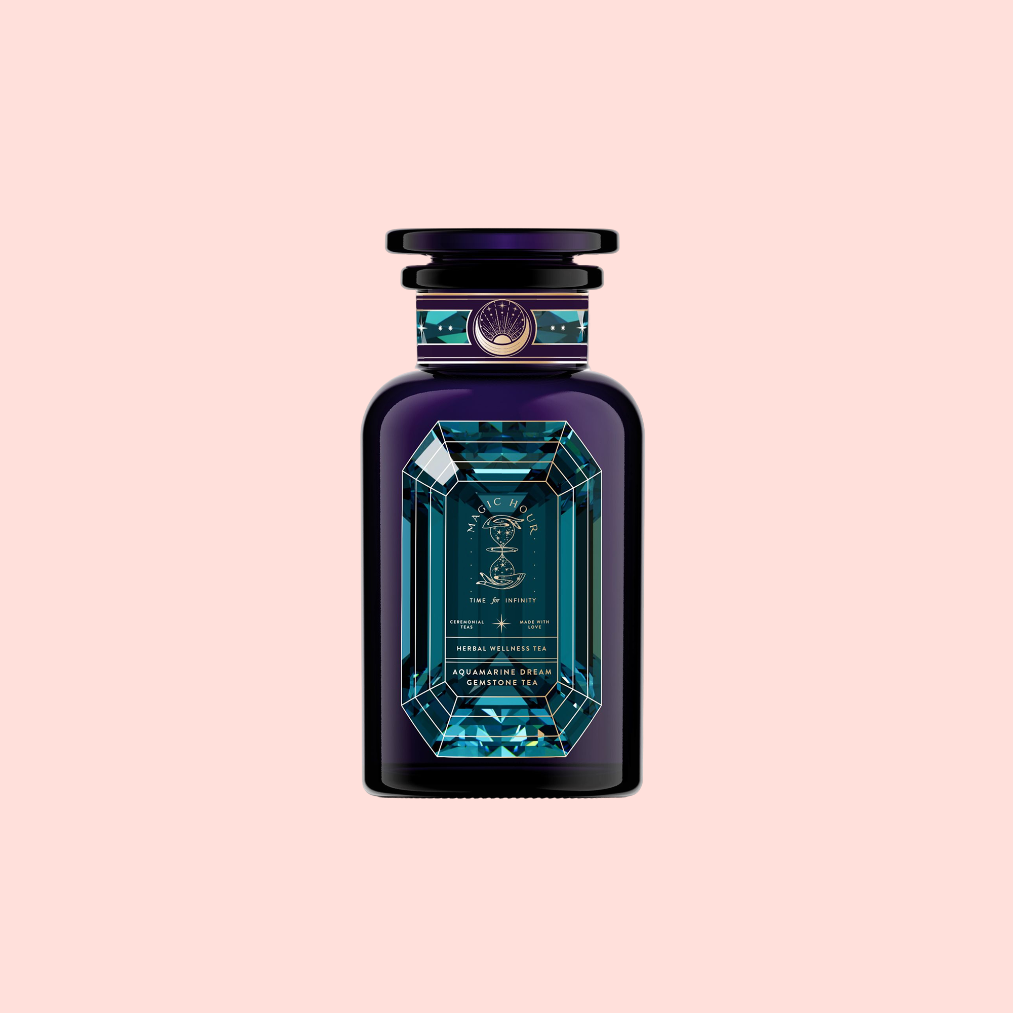 A luxurious, dark blue bottle of Aquamarine Dream - Soothing Herbal Ayurvedic Adrenal Tonic features a geometric aquamarine tea-inspired gemstone design and a round emblem on the neck, set against a pale pink background.