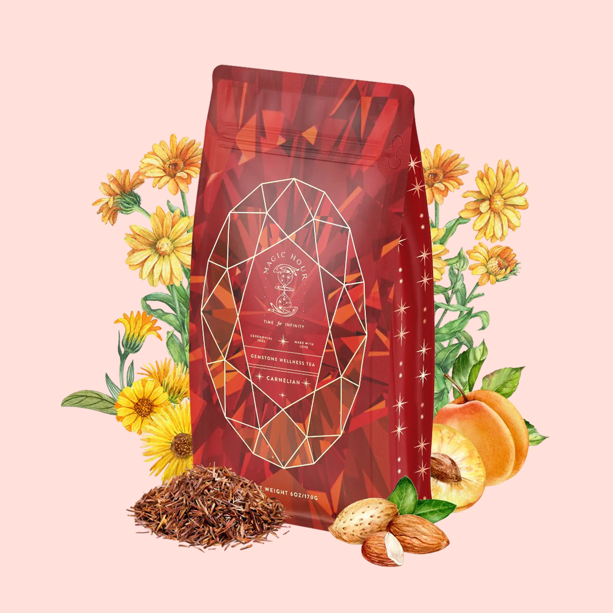 A vibrant red tea bag of Carnelian: Caffeine-Free Apricot Amaretto Tea sits among illustrated yellow calendula, a peach, shelled almonds, and rooibos leaves—evoking the essence of this fruity, nutty herbal blend.