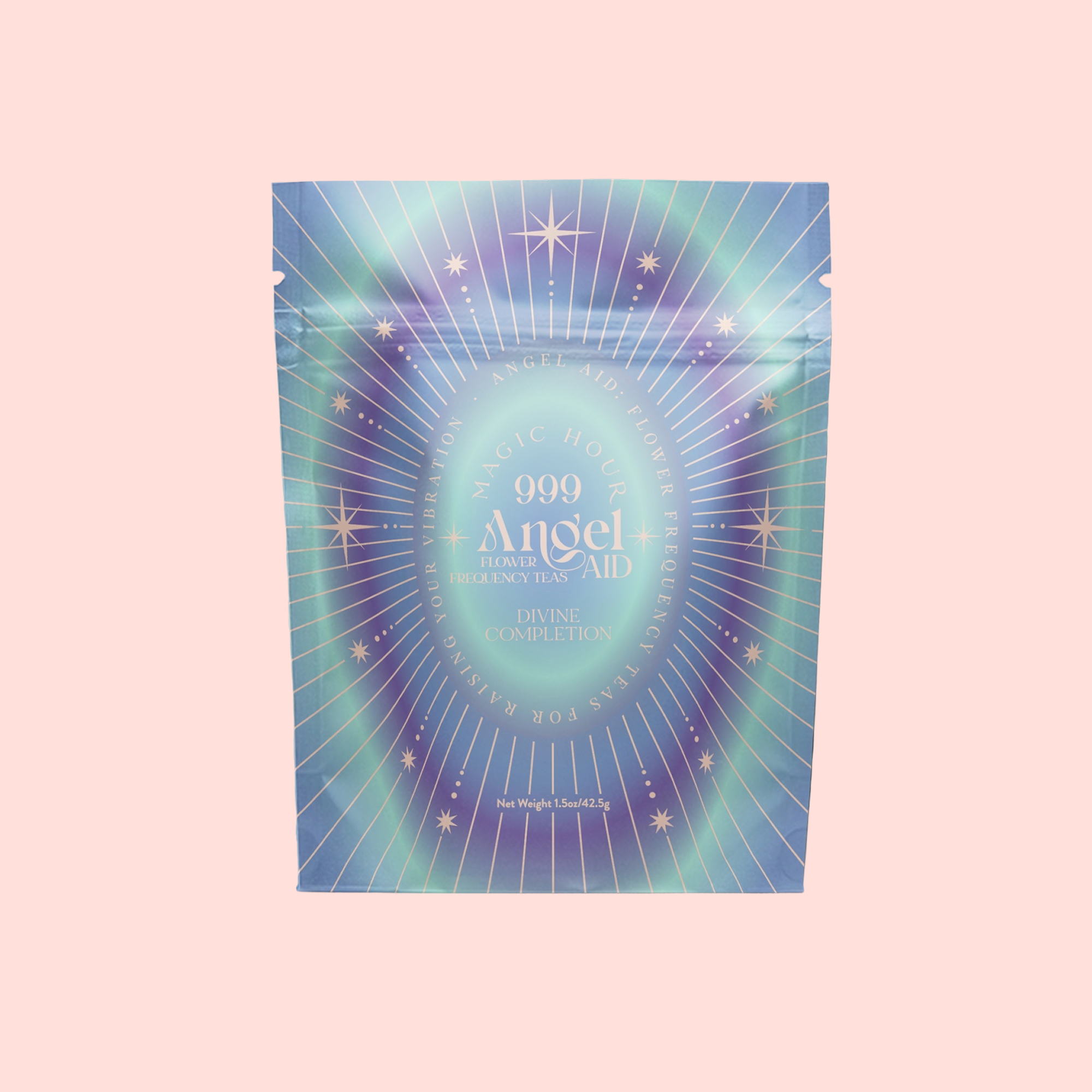 A holographic pastel packet labeled "999: Adaptogenic Pineapple-Mint-Jasmine Herbal Tea" with starburst and star designs, set against a light pink background—ideal for crown chakra healing and peaceful sleep support.