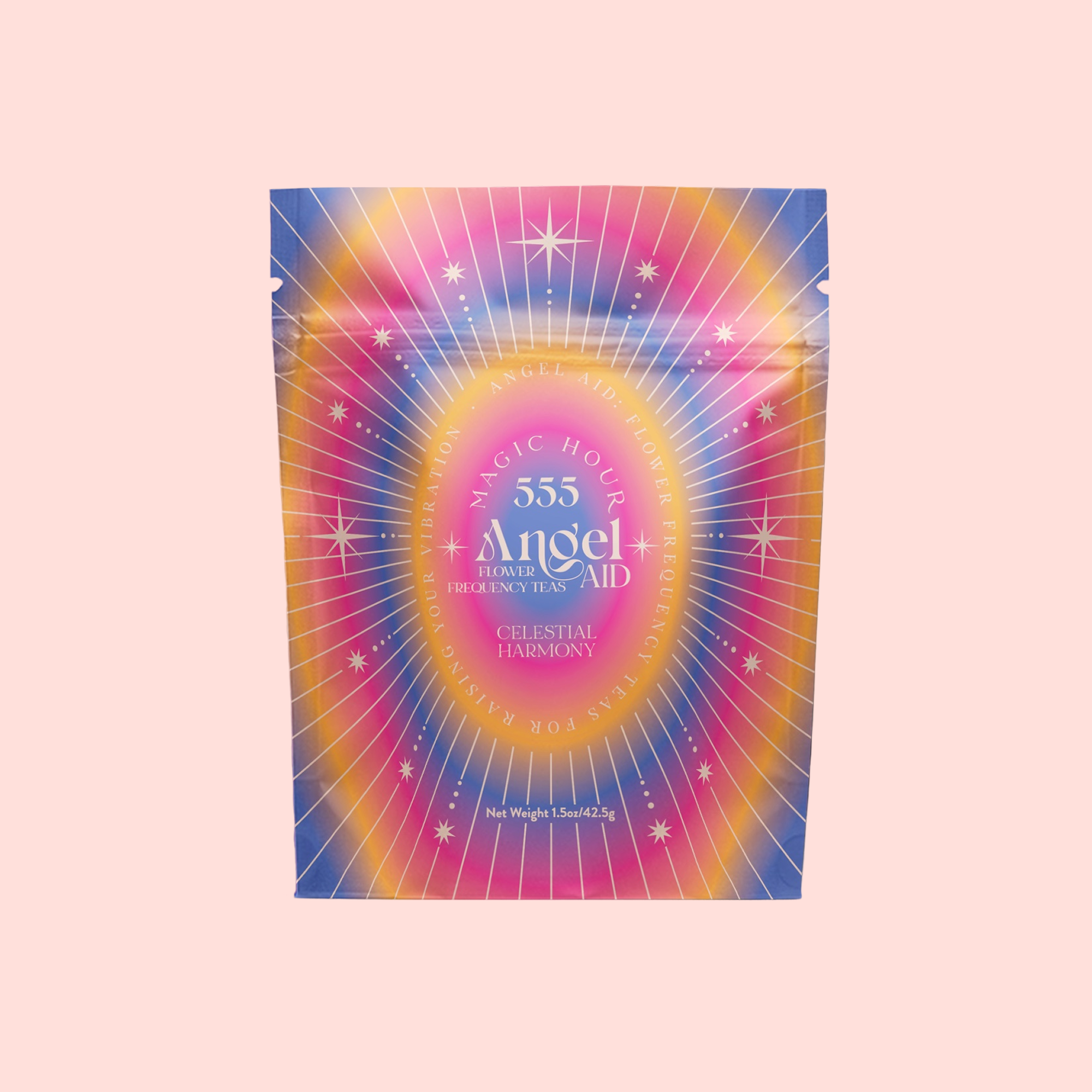 A vibrant tea pouch labeled "555: Celestial Harmony: Papaya-Mango-Rose Tea with Ashwagandha" features starburst patterns in pink, blue, yellow, and purple gradients, suggesting a stress-relief herbal blend on a light pink background.