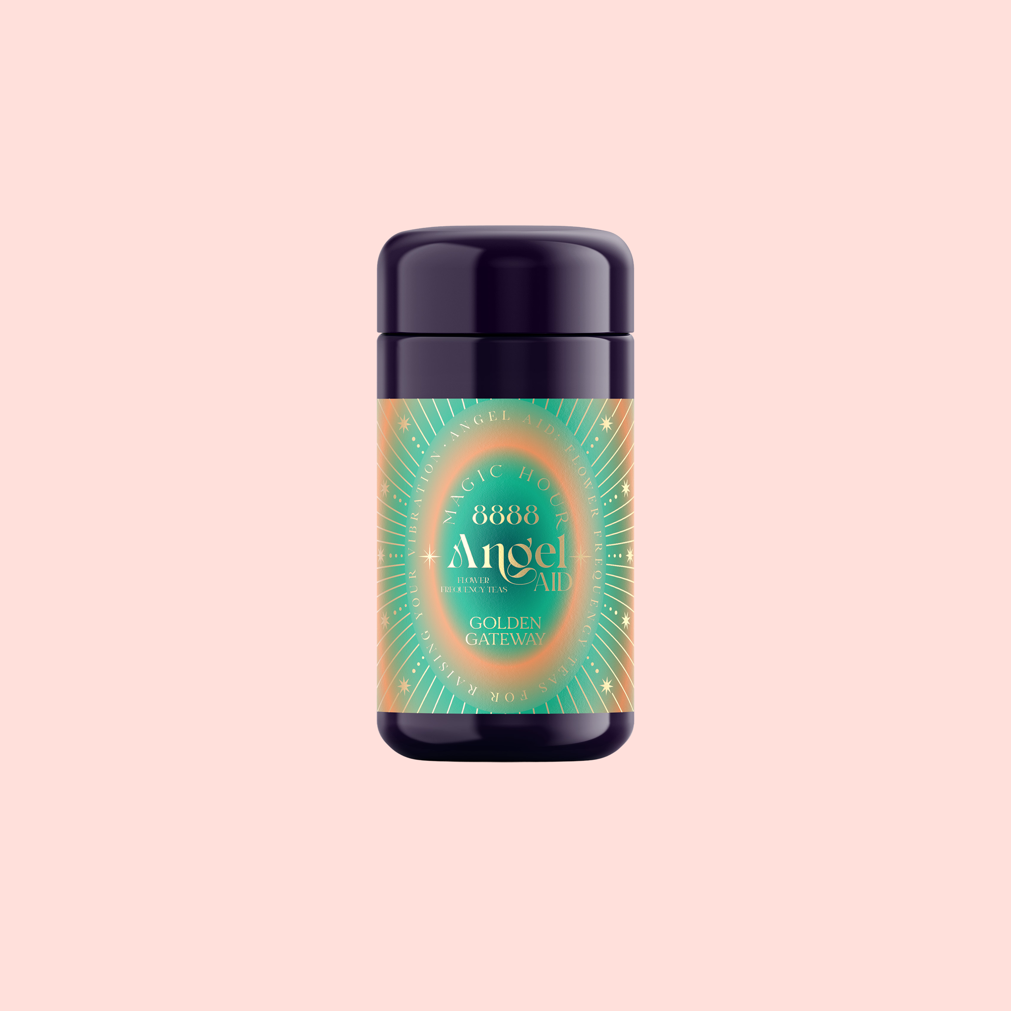 A dark bottle with a vibrant, ornate label reading "888: Lemon-Jasmine-Vanilla Herbal Tea" stands centered on a pale pink background. The orange, teal, and gold design evokes the bright abundance of citrus tea and Archangel Michael’s protection.
