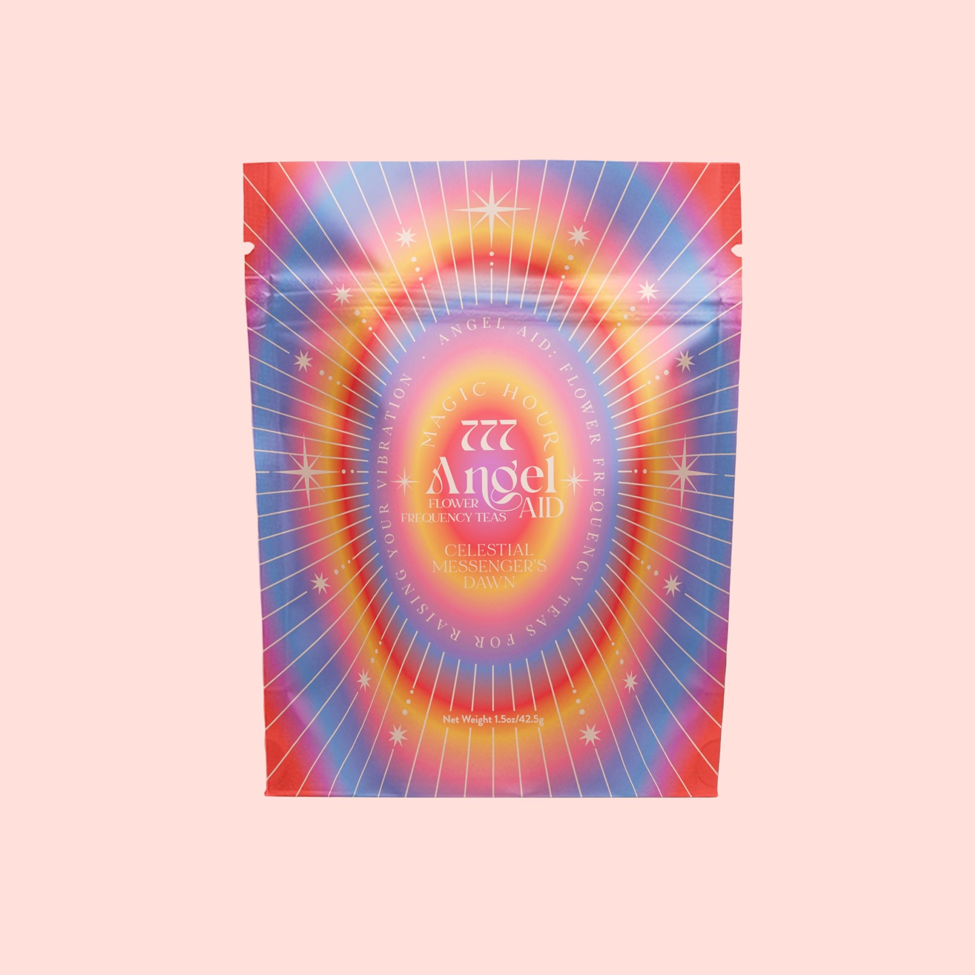 A vibrant tea package labeled "Angel Aid Flower Teas" features "777: Celestial Messengers Dawn Pineapple Passionfruit Green Tea" with radiating lines and starburst designs on a soft pink background.