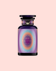 A bottle labeled "111: Lavender-Jasmine-Pineapple Herbal Tea with Blue Lotus," featuring purple, pink, and gold accents and a star design, is centered on a pale pink background, inspired by Egyptian blue lotus.