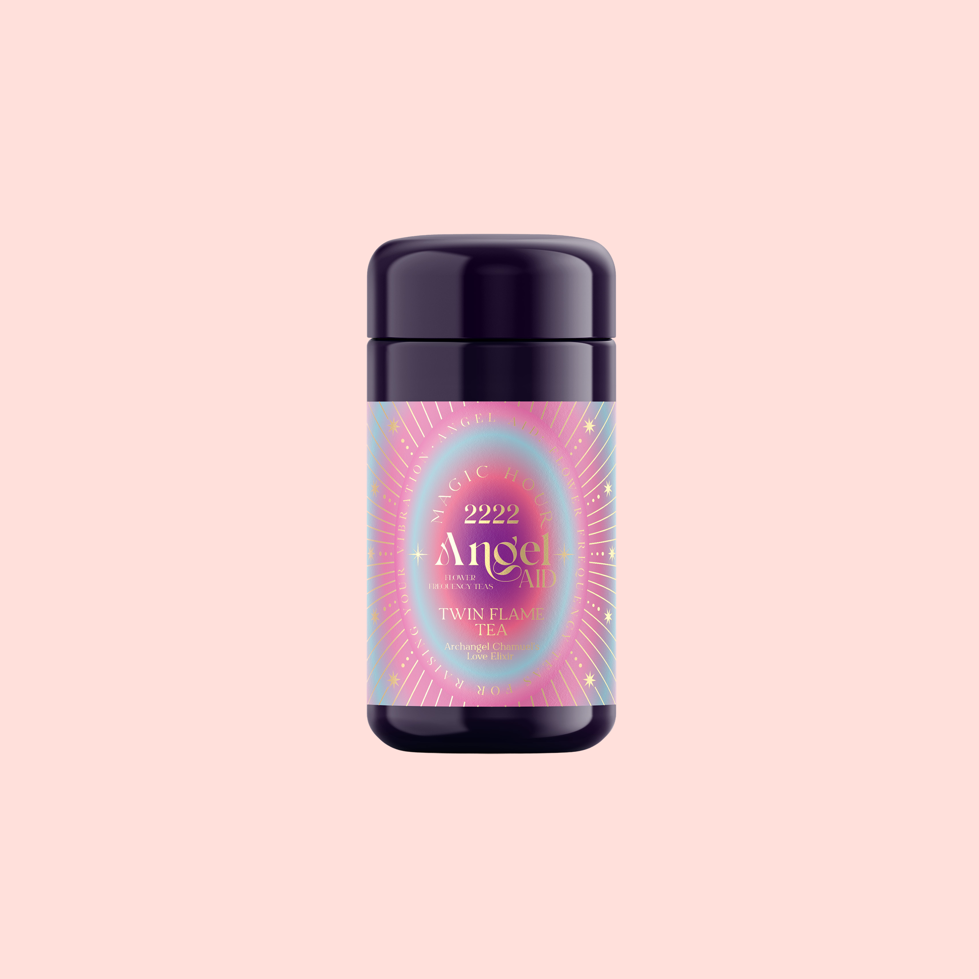 A dark purple cylindrical container with a vibrant pink and blue label reading "222: Hibiscus-Papaya Oolong with Roses" rests on a light pink background.