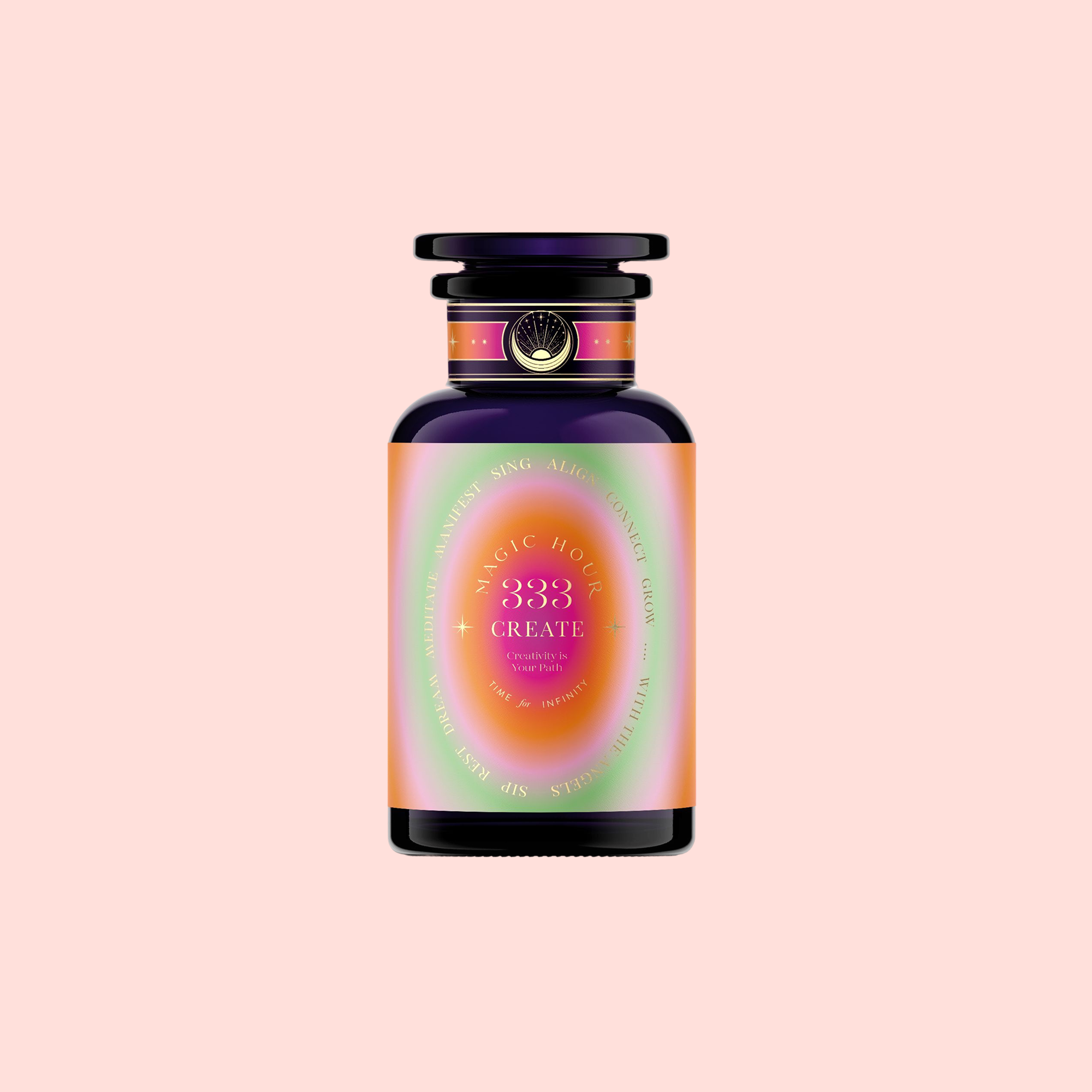A bottle with a dark cap and base, featuring a pink, orange, and purple gradient label reading "333: Mango-Lemon Balm-Rose Herbal Tea with Passionflower," inspired by a floral fruit blend, set against a soft pink background.
