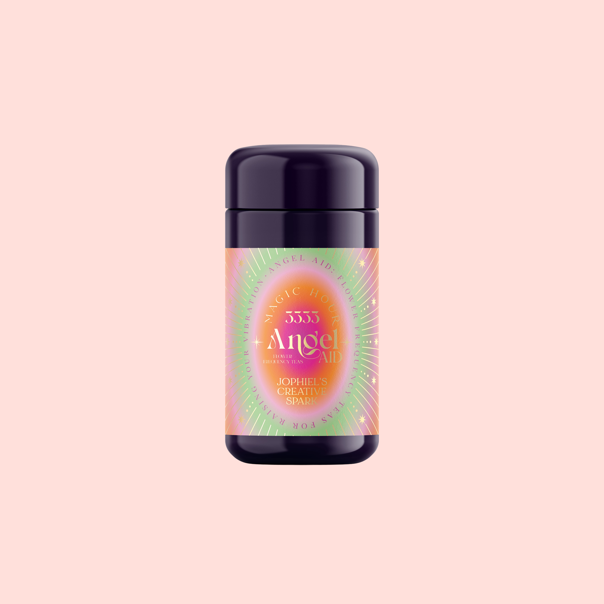 A cylindrical container with a dark purple cap and base, featuring a radiant label that reads “333: Mango-Lemon Balm-Rose Herbal Tea with Passionflower”—a creative blend inspired by the Archangel Jophiel elixir on a pale pink background.