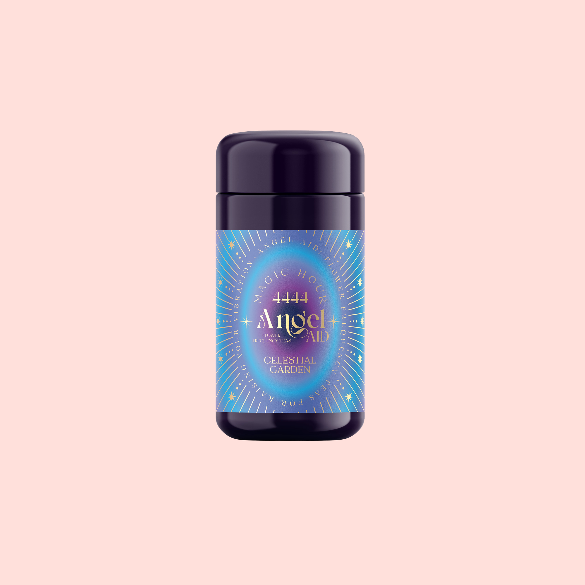 A dark purple container of 444: Sachiel's Prosperity Apple-Berry Herbal Tea with Butterfly Pea Flower and Blue Spirulina sits centered on a pale pink background, its blue and purple label adorned with gold and blue decorative designs.
