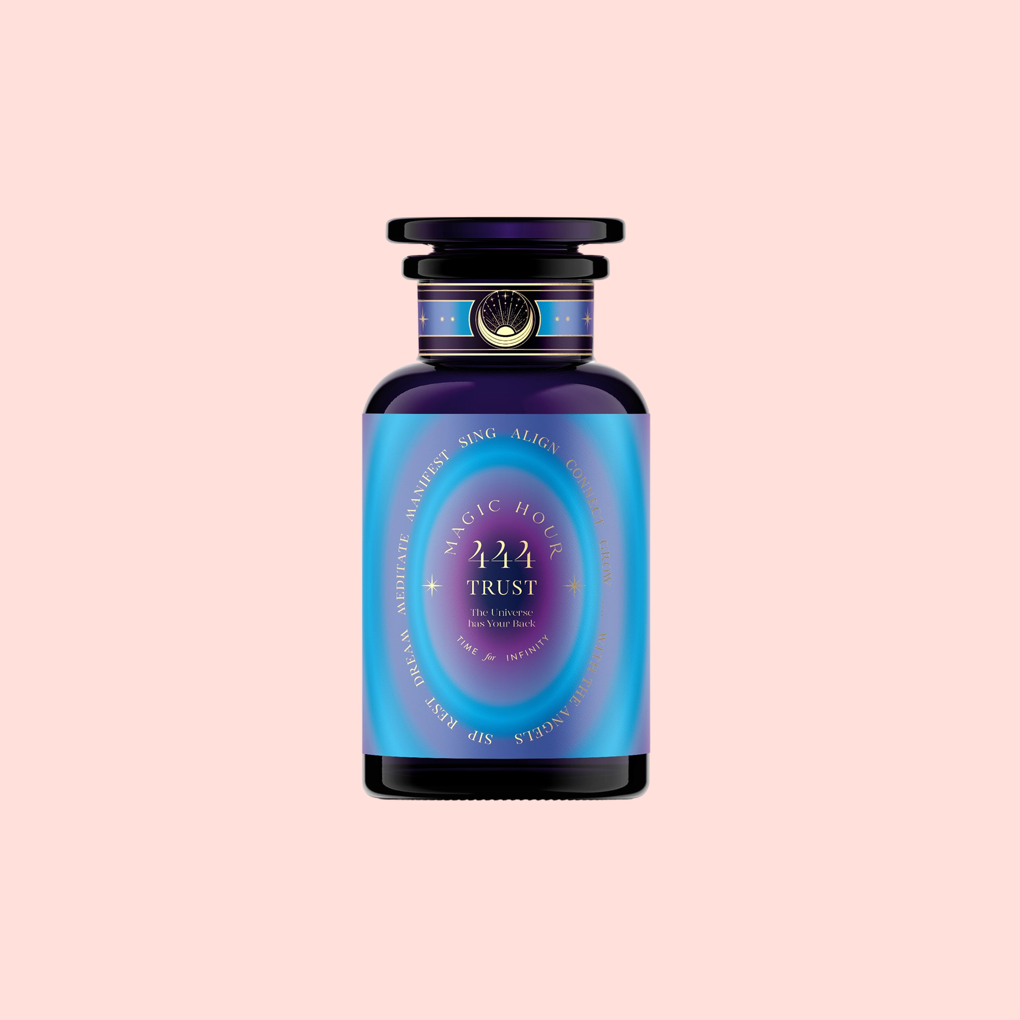 A blue and purple tea canister labeled "444: Sachiel's Prosperity" with gold text, a black and gold lid, and a star emblem sits on a pale pink background—ideal for lovers of Apple-Berry Herbal Tea with Butterfly Pea Flower and Blue Spirulina.