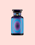 A blue and purple tea canister labeled "444: Sachiel's Prosperity" with gold text, a black and gold lid, and a star emblem sits on a pale pink background—ideal for lovers of Apple-Berry Herbal Tea with Butterfly Pea Flower and Blue Spirulina.