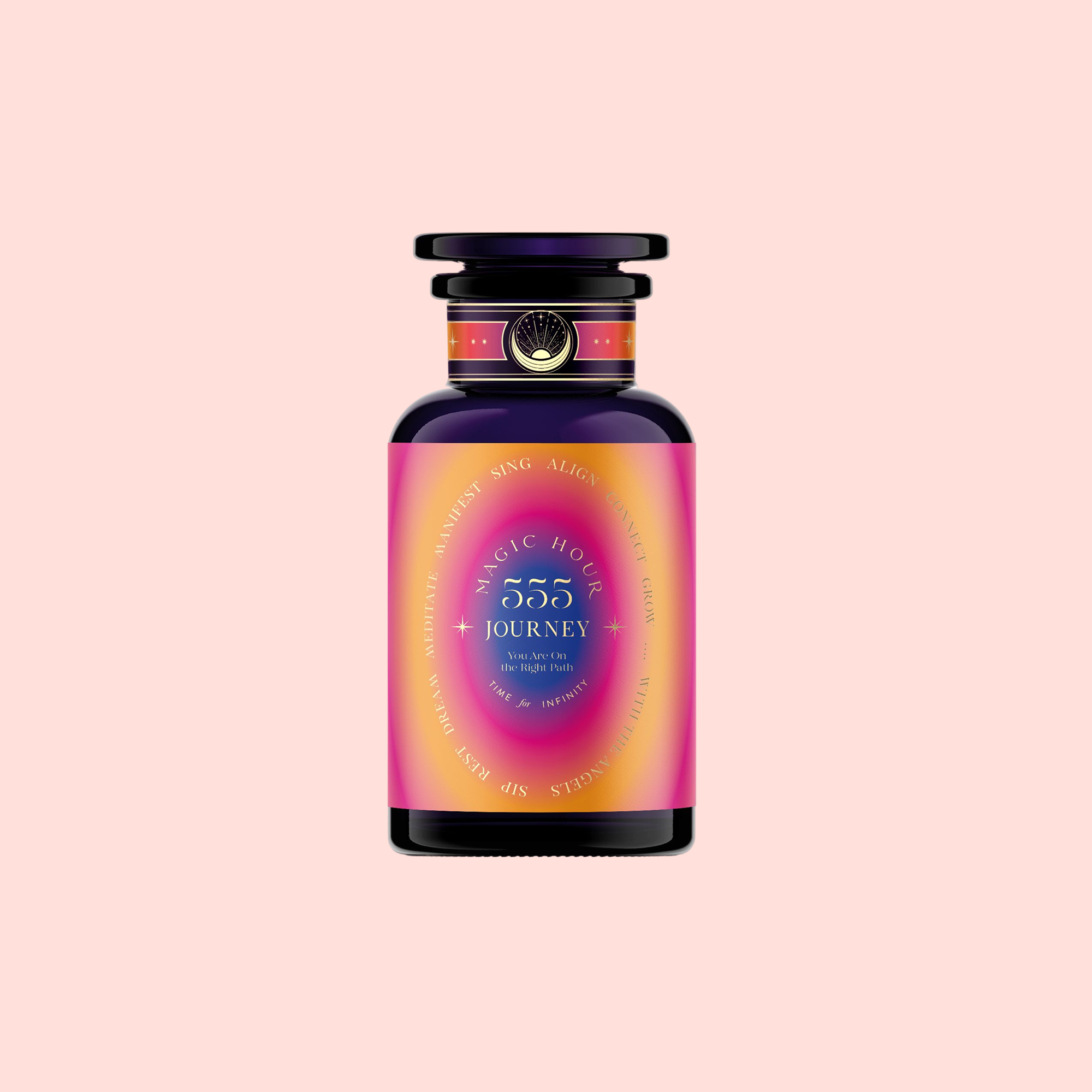 A vibrant perfume bottle with a purple-pink gradient label reading "555: Celestial Harmony: Papaya-Mango-Rose Tea with Ashwagandha" stands against a light pink background, featuring a black cap and gold accents, inspired by ashwagandha for stress relief.