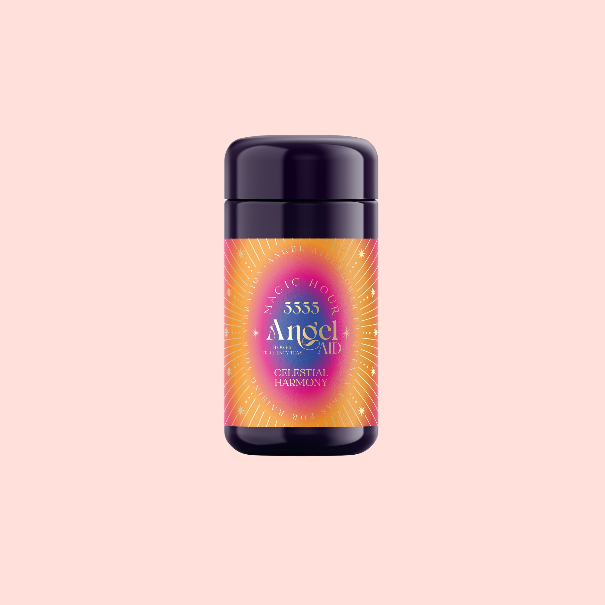 A dark purple canister labeled "555: Celestial Harmony: Papaya-Mango-Rose Tea with Ashwagandha" features a vibrant pink, orange, and yellow starburst design and promises ashwagandha-infused stress relief on a pale pink background.