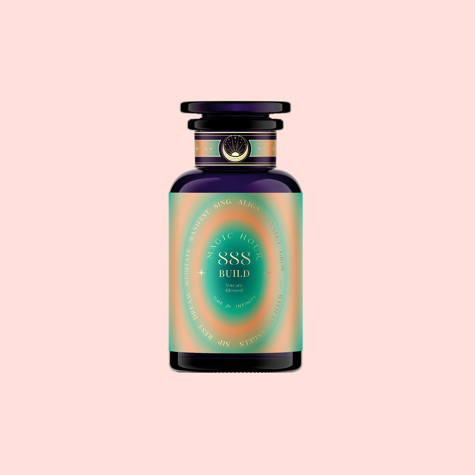 A dark glass bottle with a colorful gradient label reading "888: Lemon-Jasmine-Vanilla Herbal Tea" sits on a pale pink background. Infused with golden citrus tea abundance, the bottle features a black cap and gold accents.