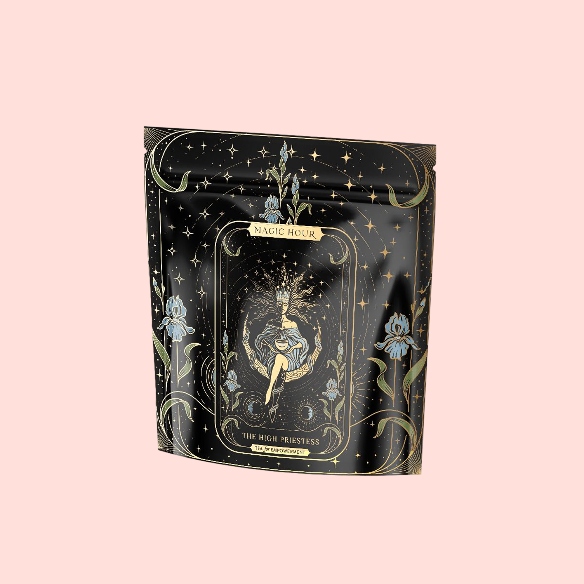A black pouch with gold and pastel blue tarot artwork labeled "The High Priestess" showcases a mystical woman, flowers, and stars, promising caffeine free herbal tea: Ginger-Mint-Cardamom Tea for Powerful Dreams &amp; Illuminated Insights.