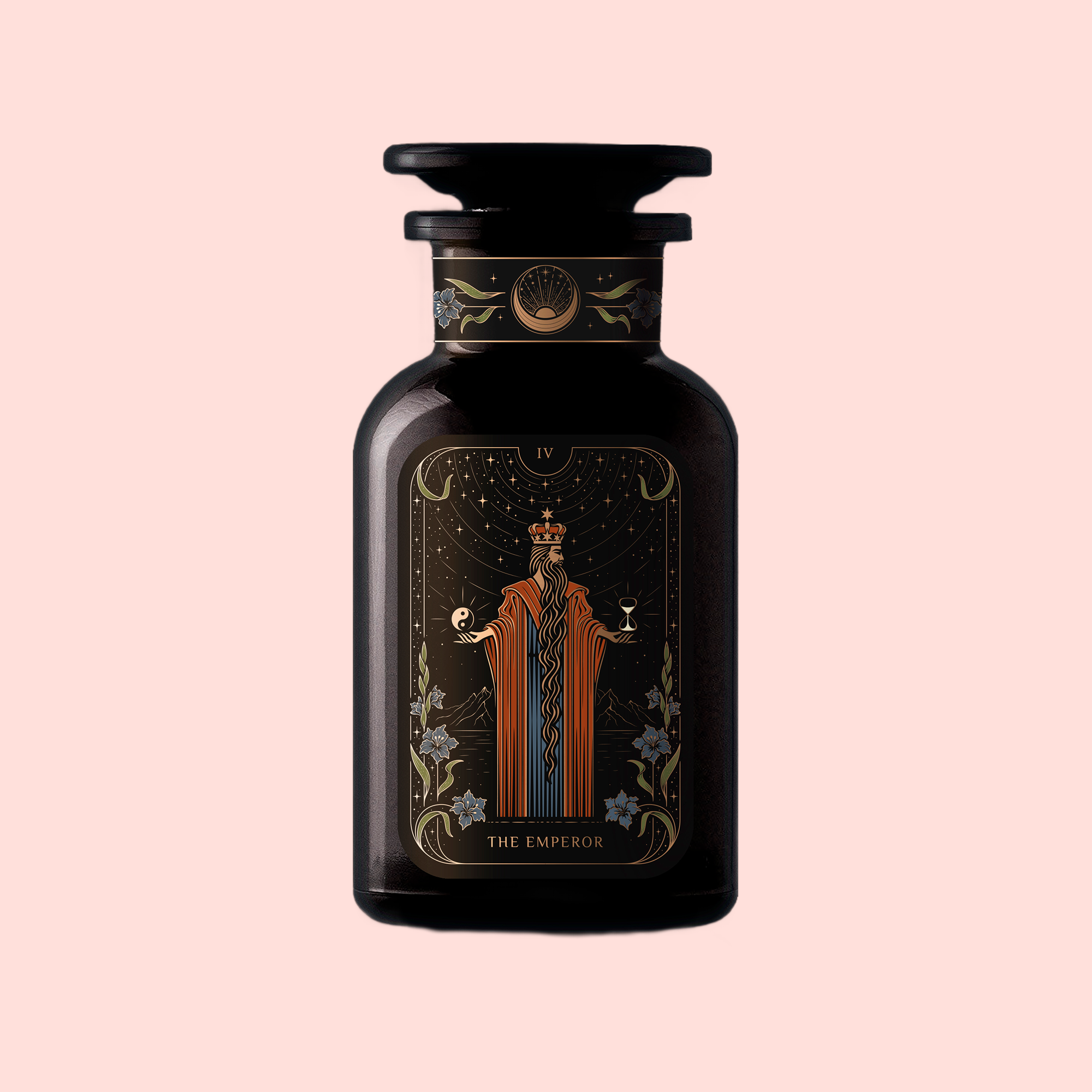 A dark glass bottle labeled "The Emperor: Green Chaga Chai with Lion's Mane and Reishi" features a tarot card-style crowned figure in red robes, gold details, and floral accents, inspired by immune support blends like mushroom tea.