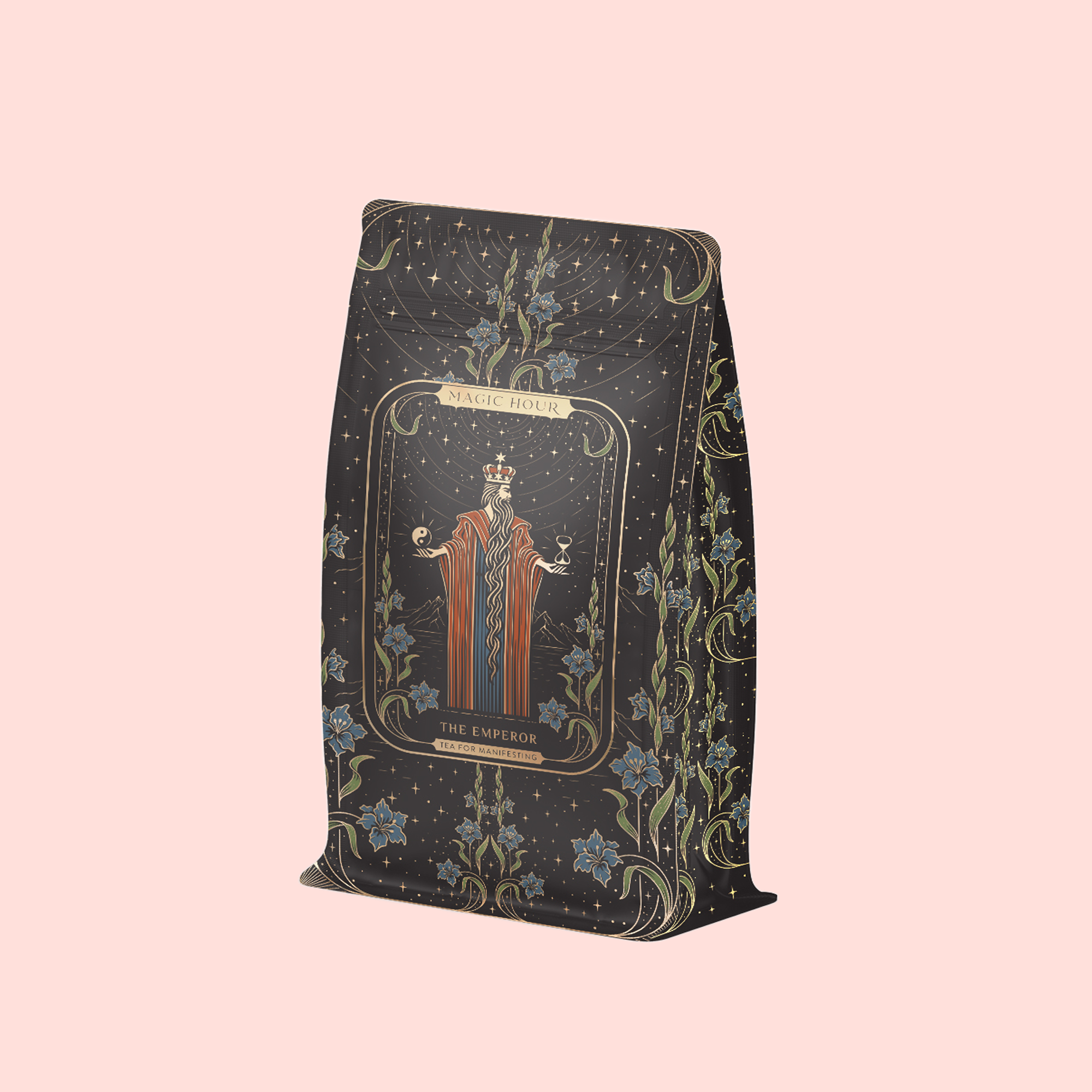 A decorative coffee bag featuring "The Emperor: Green Chaga Chai with Lion's Mane and Reishi," with a robed figure, stars, and floral motifs—perfect for mushroom tea lovers seeking immune support blends.