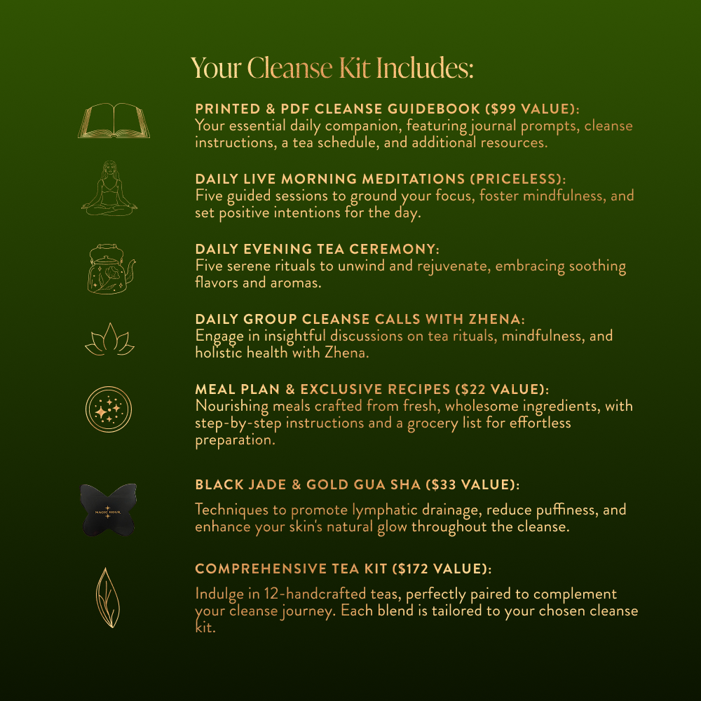 A green and gold graphic lists the Ceremonial Reset Cleanse Kit & Mind-Body Wellness Program contents: guidebook, meditations, tea ceremony, group cleanse with ZHENA, meal plan and recipes, jade/gold gua sha, and complete tea cleanse kit.