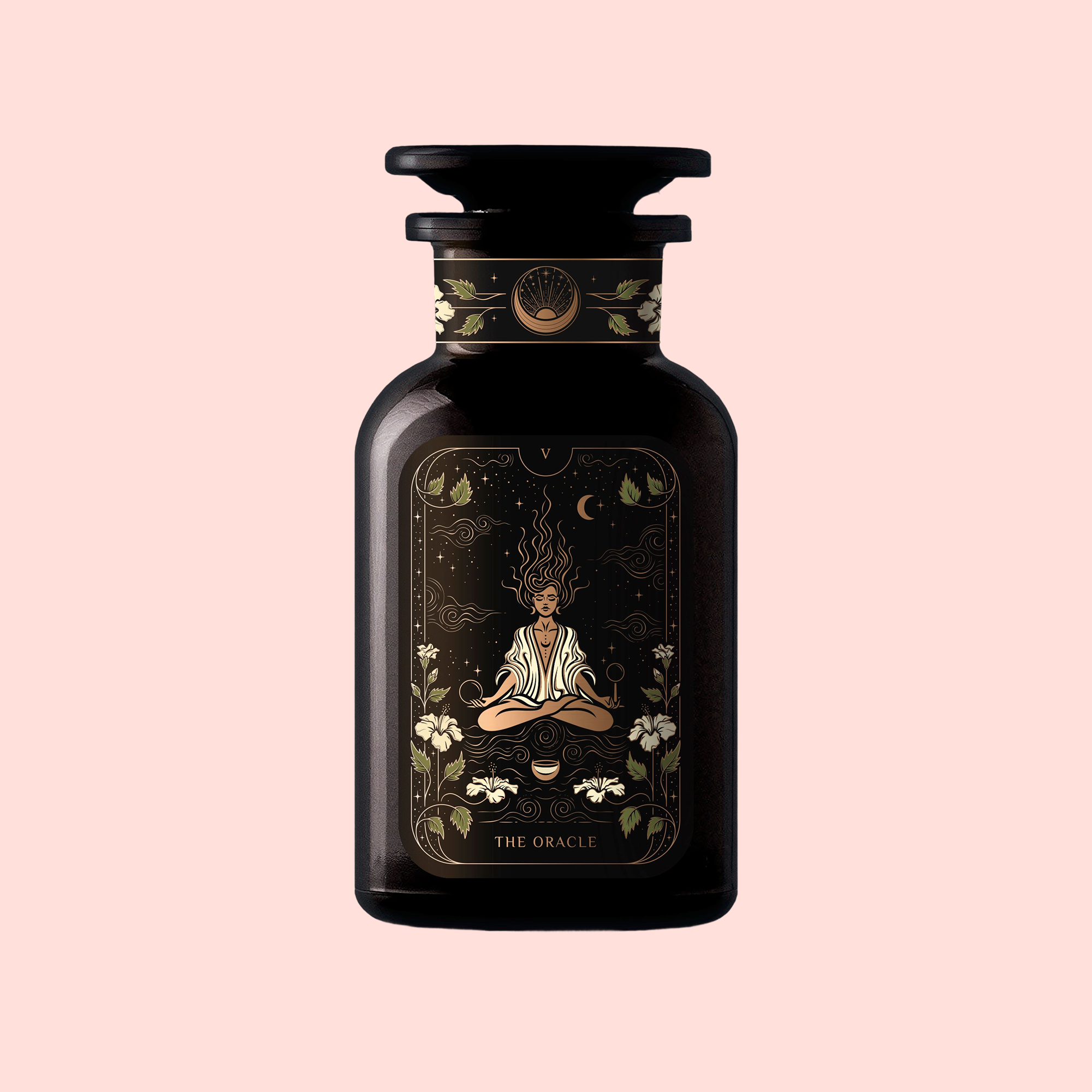 A dark glass bottle labeled "The Oracle: Lemon Lavender Tea for Supporting the Gut-Brain Axis" features an illustrated meditating figure amid celestial and botanical designs, set against a soft pale pink background.