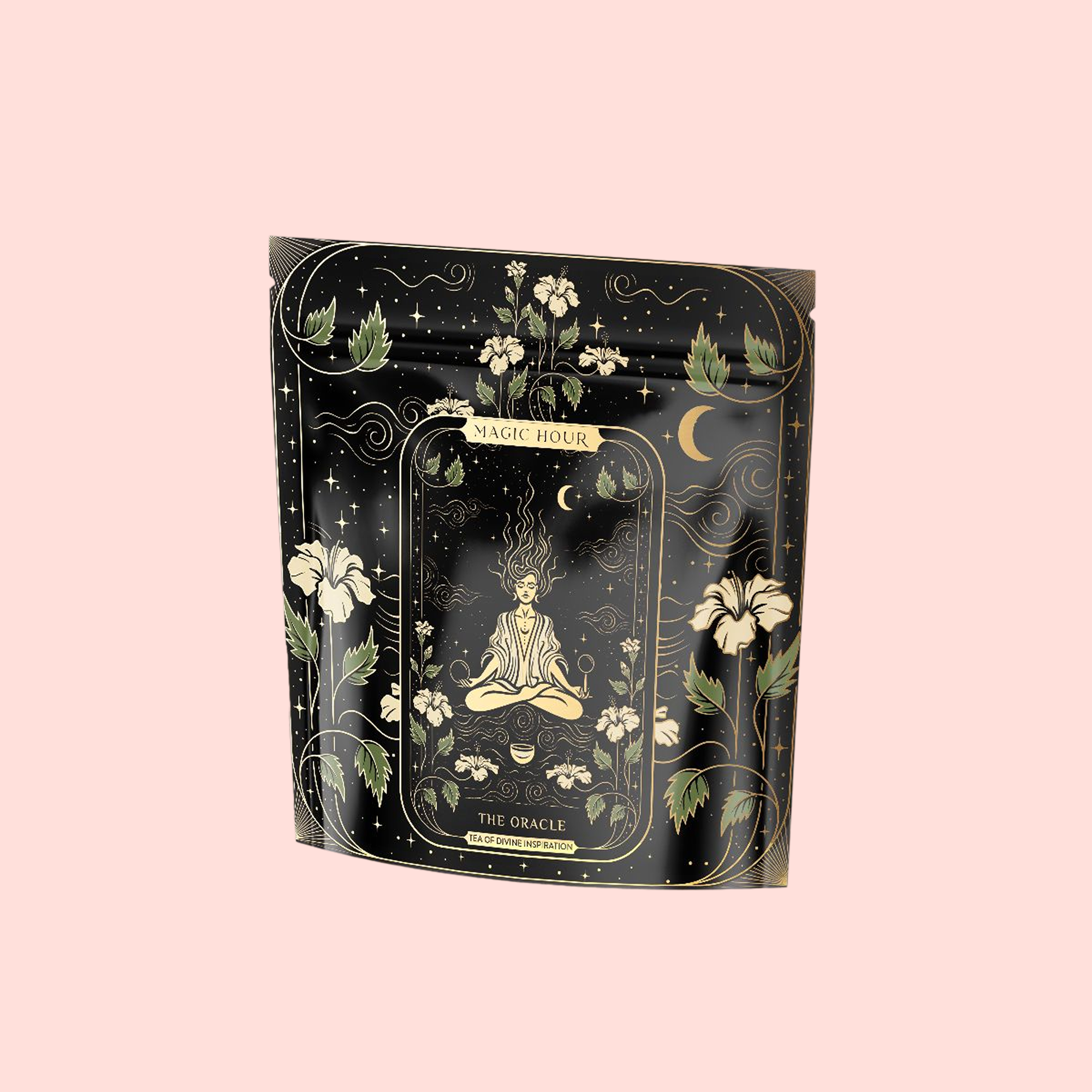 A black and gold tea package with an illustrated meditating figure, celestial elements, flowers, moons, and stars. The front reads "Magic Hour," "The Oracle: Lemon Lavender Tea for Supporting the Gut-Brain Axis," and "adaptogenic tea blend.