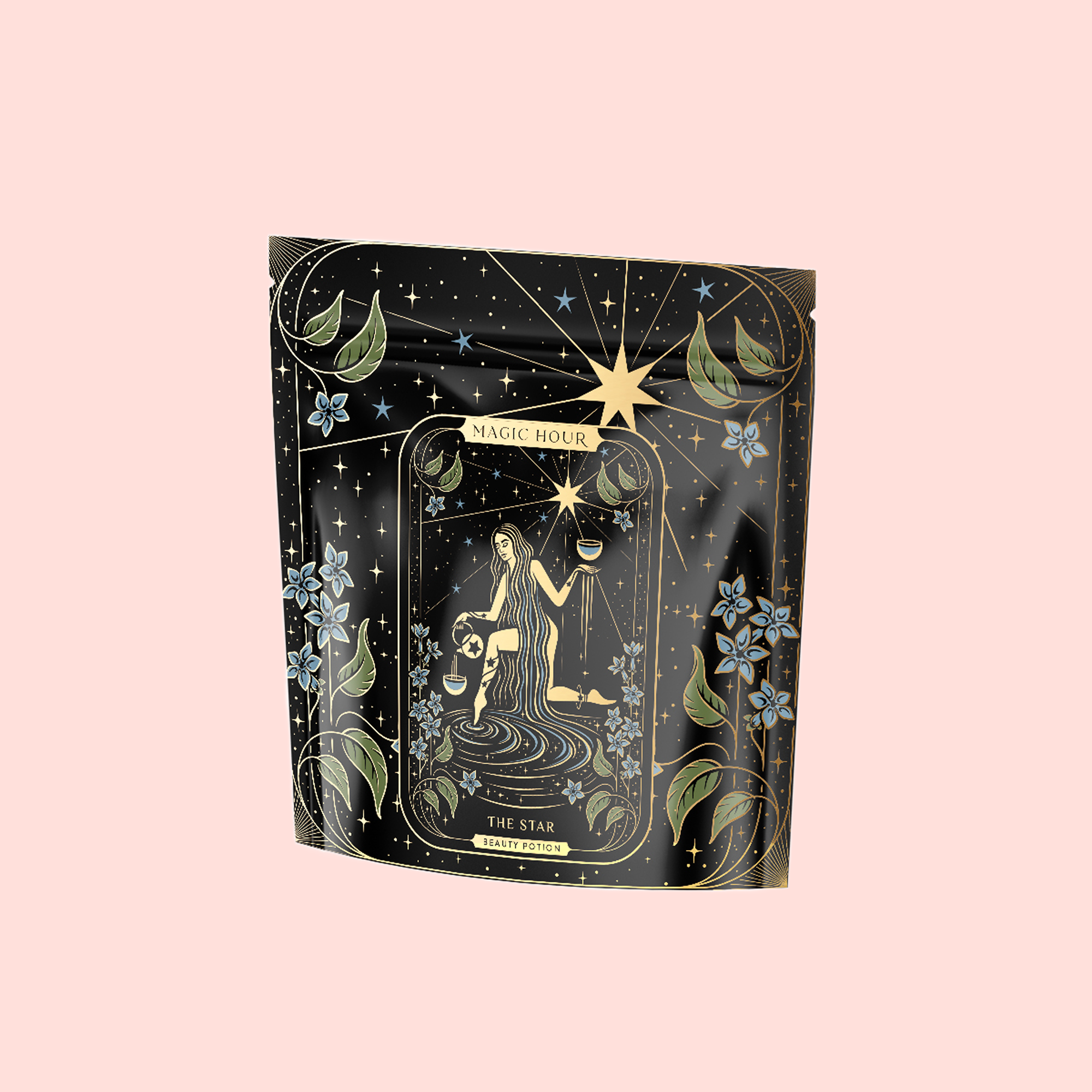 The Star: Vanilla-Ginger Beauty Potion with Jasmine & Shatavari is an organic herbal tea in a pouch featuring celestial gold and black artwork, stars, flowers, and leaves on a pale pink background.
