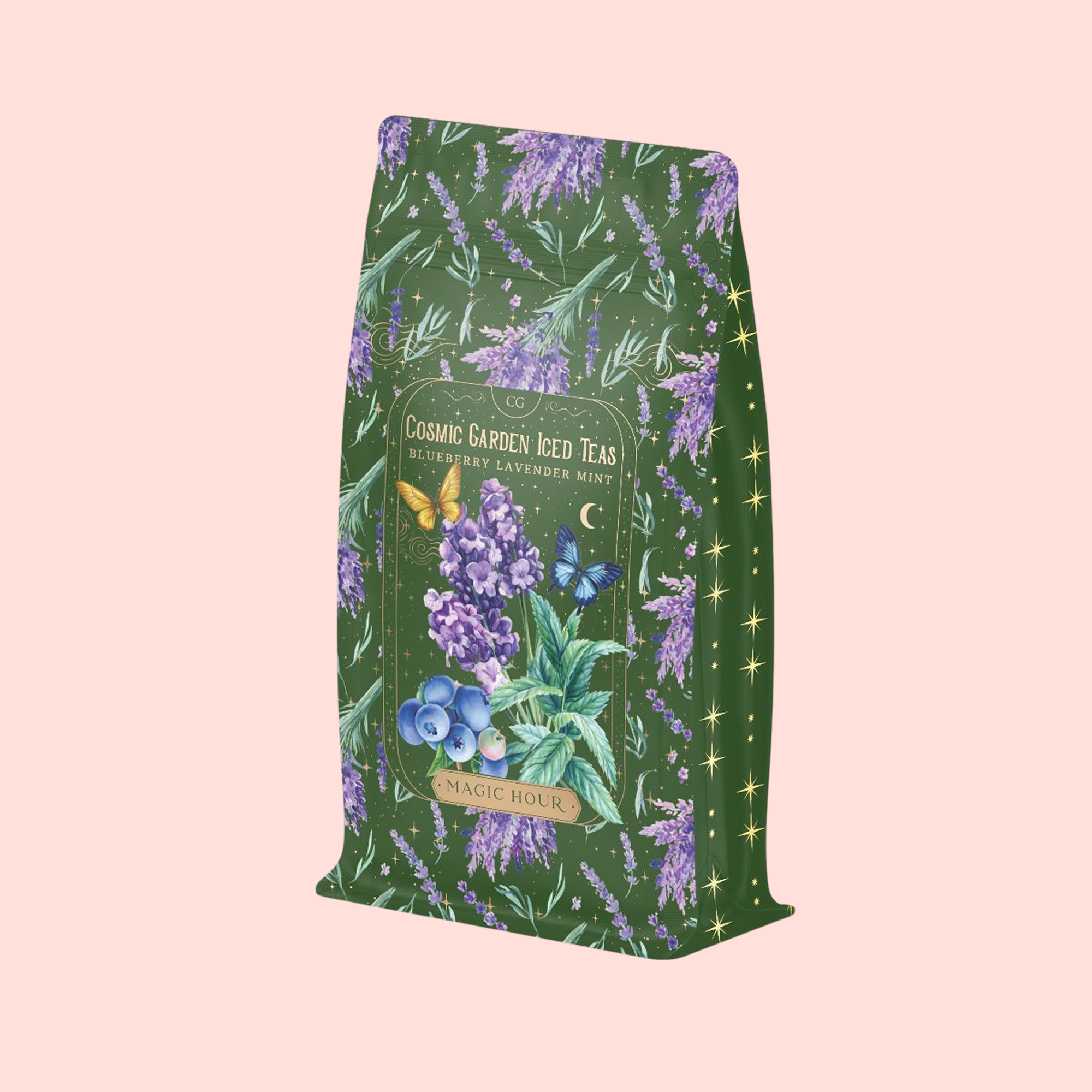 A green and purple Blueberry Lavender Mint: Cosmic Garden Iced Tea package, decorated with blueberries, lavender, butterflies, and stars, stands out against a light pink background. The label highlights this antioxidant-rich iced tea from Magic Hour.