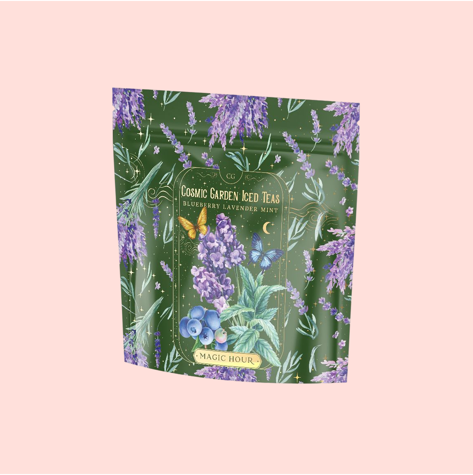 A green tea package featuring lavender, blueberries, mint leaves, and butterflies. The label reads “Blueberry Lavender Mint: Cosmic Garden Iced Tea,” a sugar-free, antioxidant-rich iced tea from Magic Hour.