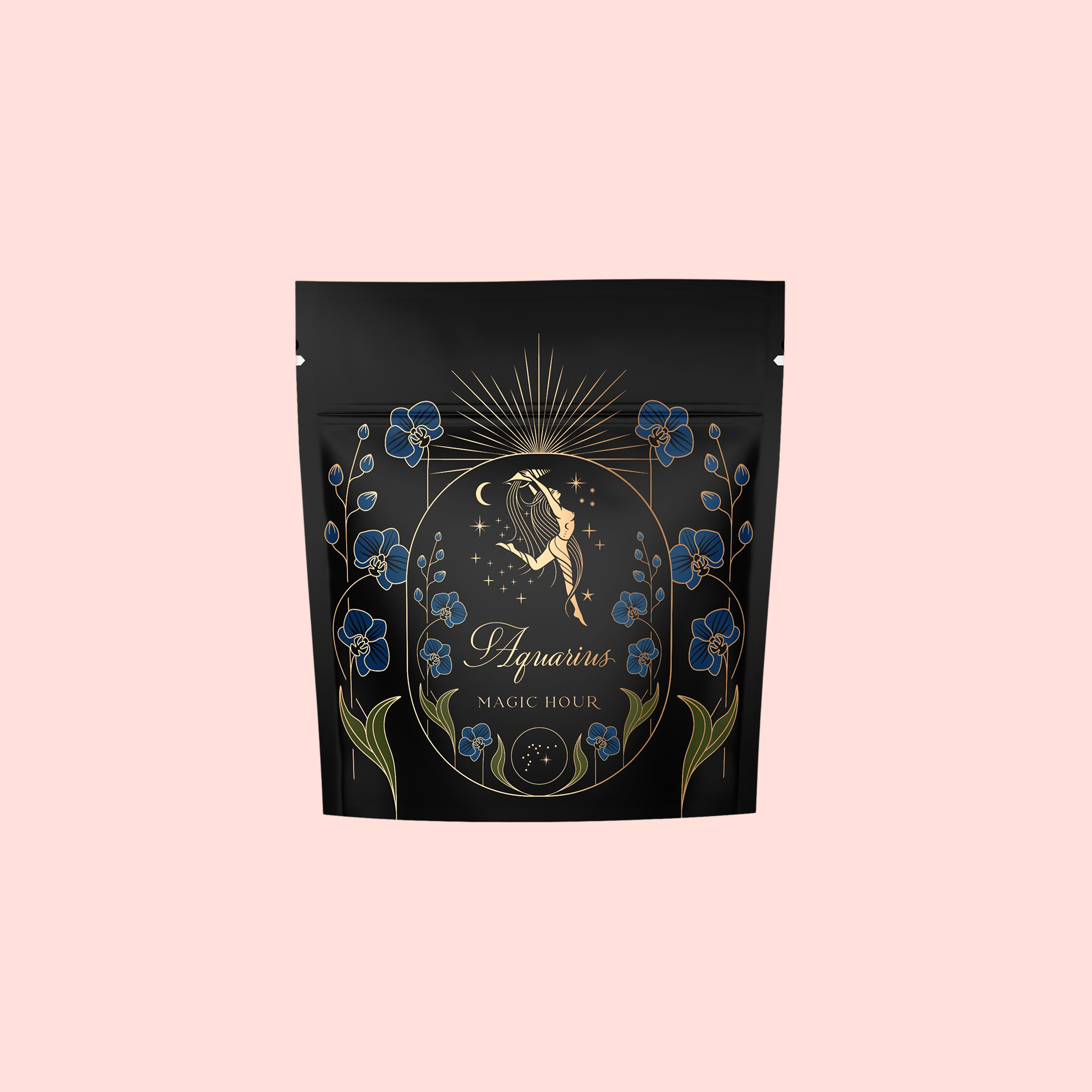 A black resealable pouch labeled "Aquarius: Visionary Goddess Tea" showcases gold and blue florals, celestial motifs, and a woman pouring water under stars—evoking the rich Yunnan tea within—set against a pale pink backdrop.
