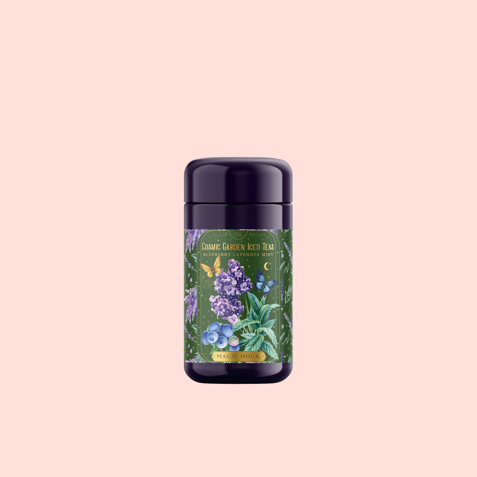 A dark purple tea canister with a colorful floral and blueberry label on a pale pink background. "Blueberry Lavender Mint: Cosmic Garden Iced Tea" by Magic Hour is an antioxidant-rich iced tea blend.