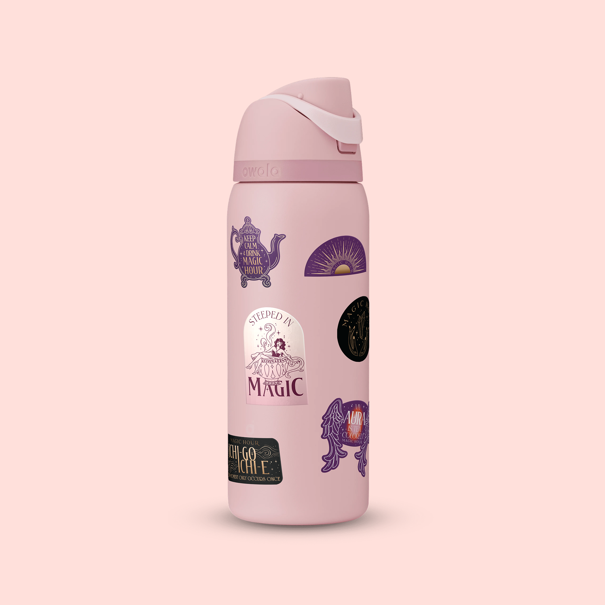 A pink water bottle decorated with colorful stickers from the Magic Hour Sticker Sheet: Time for Infinity, featuring teapots, magical symbols, text, and whimsical designs inspired by mantras and set against a light pink background.