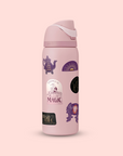 A pink water bottle decorated with colorful stickers from the Magic Hour Sticker Sheet: Time for Infinity, featuring teapots, magical symbols, text, and whimsical designs inspired by mantras and set against a light pink background.