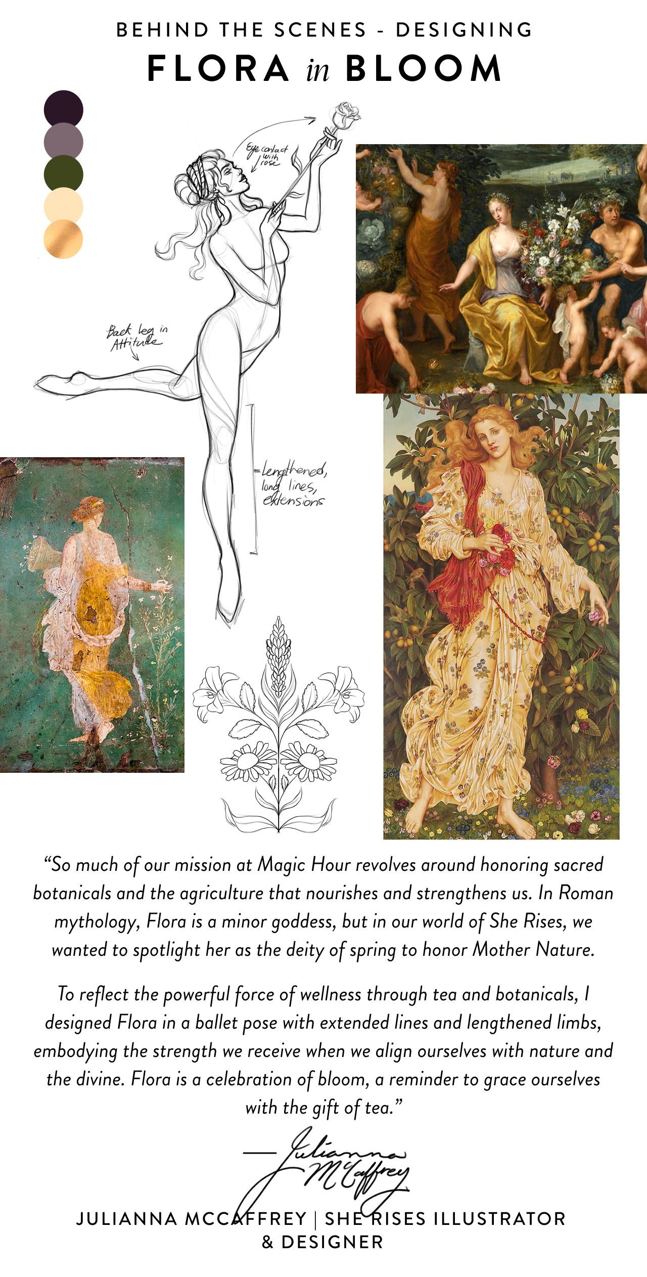 A collage in a floral palette mixes sketches and classical women amid flowers, with text inspired by "Flora: The Blooming Self," quoting designer Julianna McCaffrey on honoring nature, wellness, and the serenity of Moonlight White Tea.
