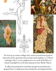 A collage in a floral palette mixes sketches and classical women amid flowers, with text inspired by "Flora: The Blooming Self," quoting designer Julianna McCaffrey on honoring nature, wellness, and the serenity of Moonlight White Tea.