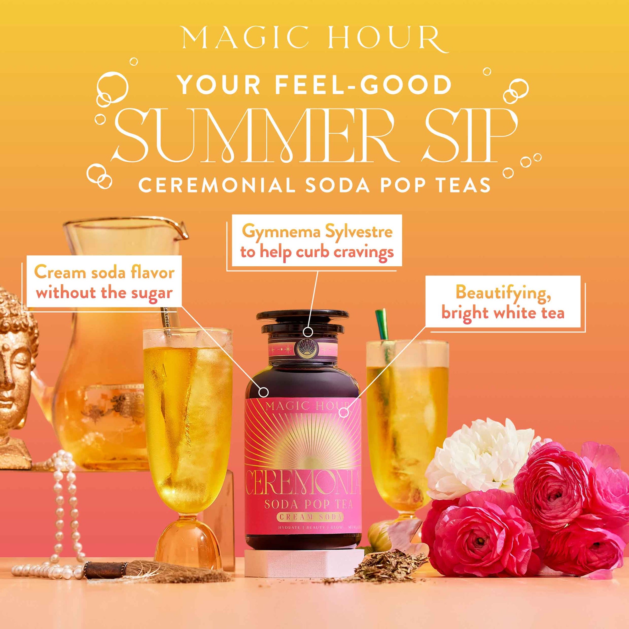 A display of Ceremonial Soda Tea Bundle bottles and glasses of caffeine-free tea, surrounded by flowers, a Buddha statue, and highlighted product benefits, set against a warm gradient background.