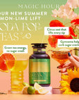 A vibrant display featuring the Ceremonial Soda Tea Bundle, highlighted by a Magic Hour Lemon Lime Soda Pop Tea bottle, surrounded by citrus drinks and sunflowers, with text promoting its lemon-lime flavor, natural ingredients, and energy boost.