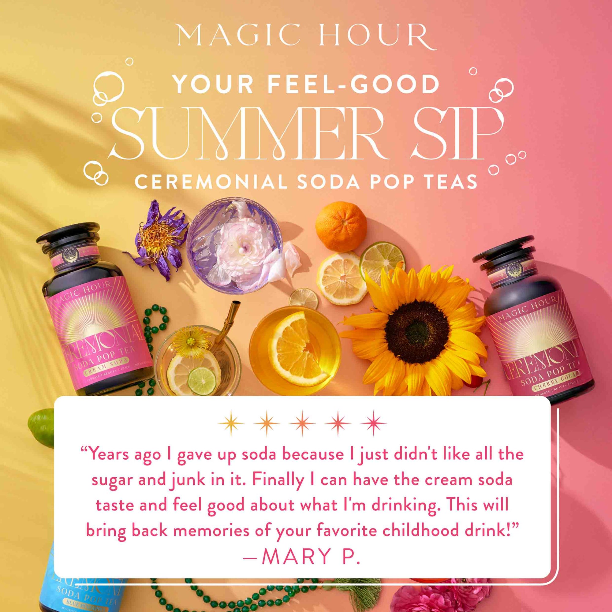 Three bottles of the Ceremonial Soda Tea Bundle with a cream soda theme are arranged on a pink and yellow background among lemon slices, cherries, a cocktail glass, a yellow flower, and leaves. A review highlights this caffeine-free tea at the bottom.